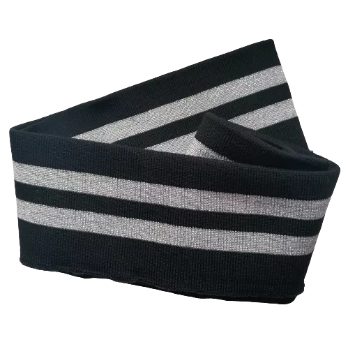 Zwarte cuff (boordstof) met zilveren glitter strepen - 1,2 m