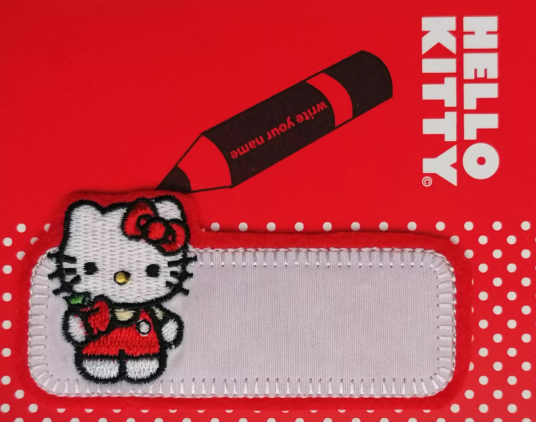 Personaliseerbare applicatie - Hello Kitty met tekstvak om te beschrijven - 8,5 x 3,5 cm