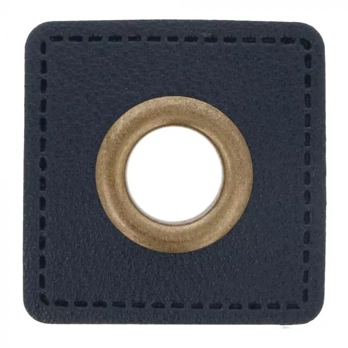Nestelogen (brons 8 mm) op blauw imitatieleder vierkant (28 mm)