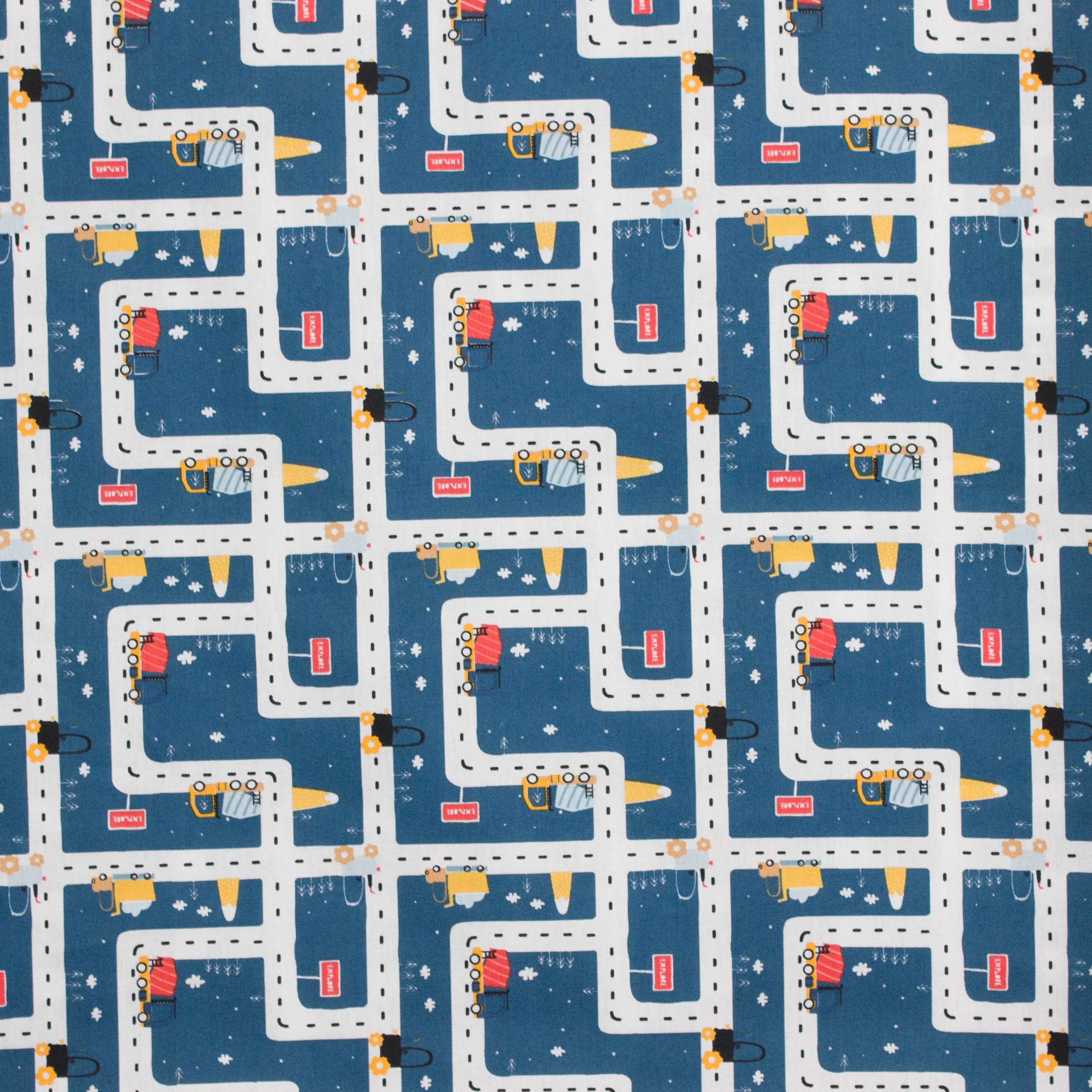 Katoen poplin blauw met cartoon stratenplan