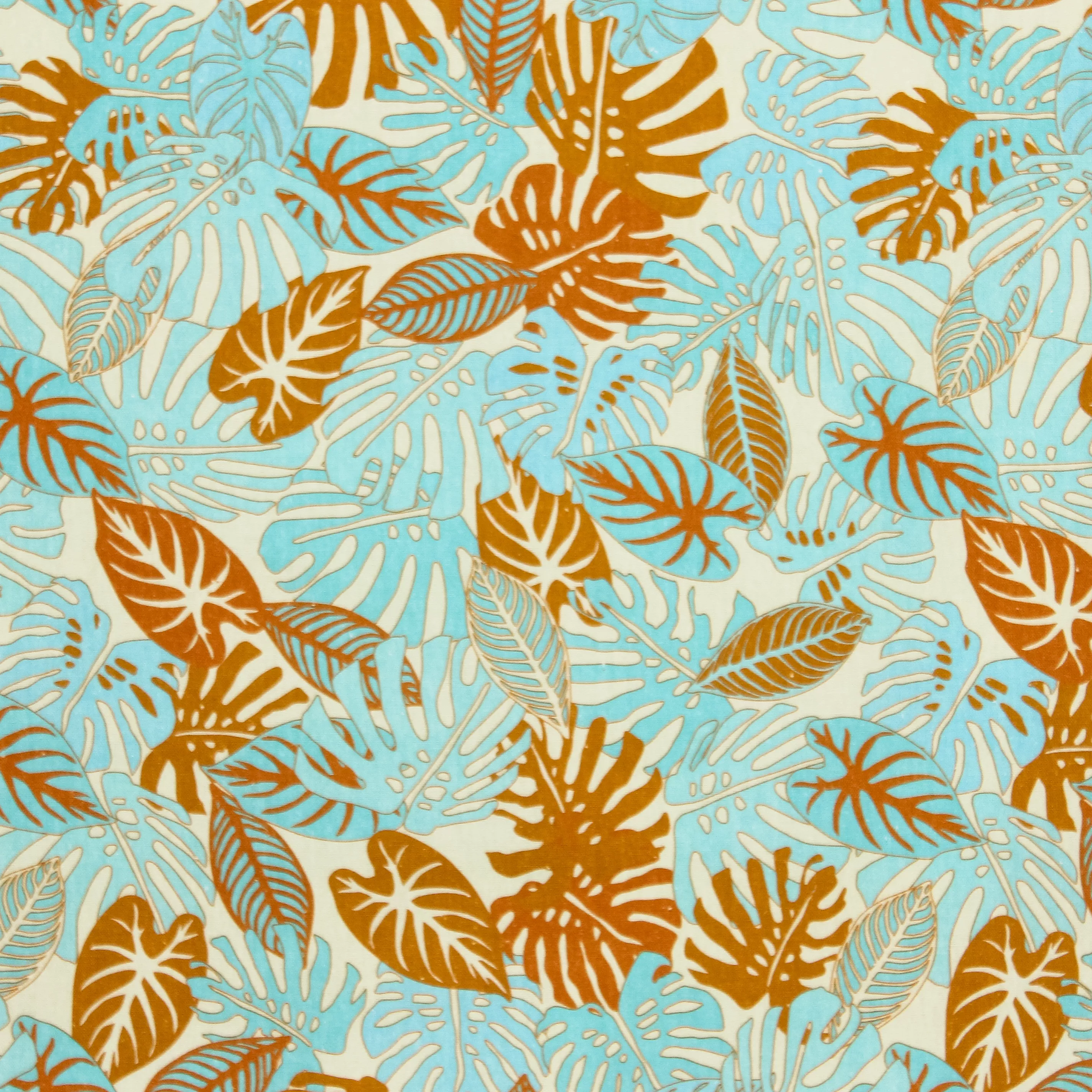 Linnen-viscose mengeling met blauw/bruin tropisch bladmotief