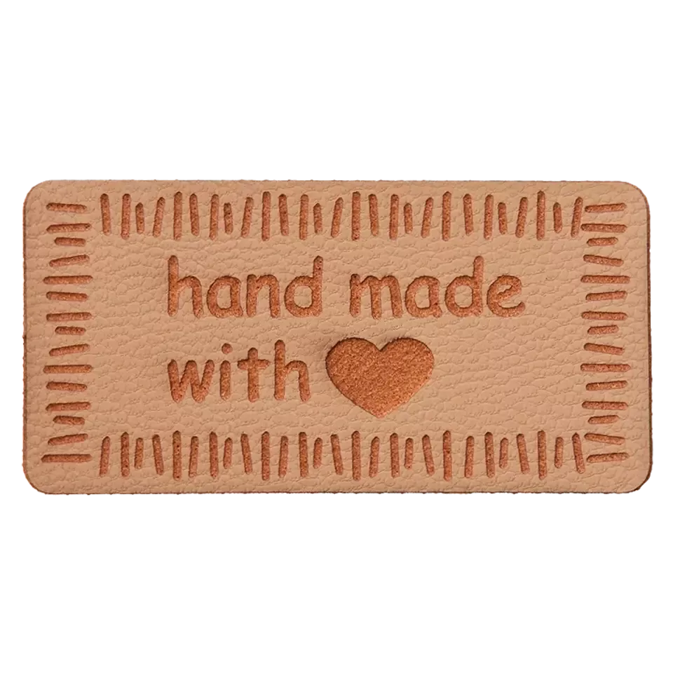 Label 'handmade with love' - beige / camel imitatieleer 40 x 20 mm