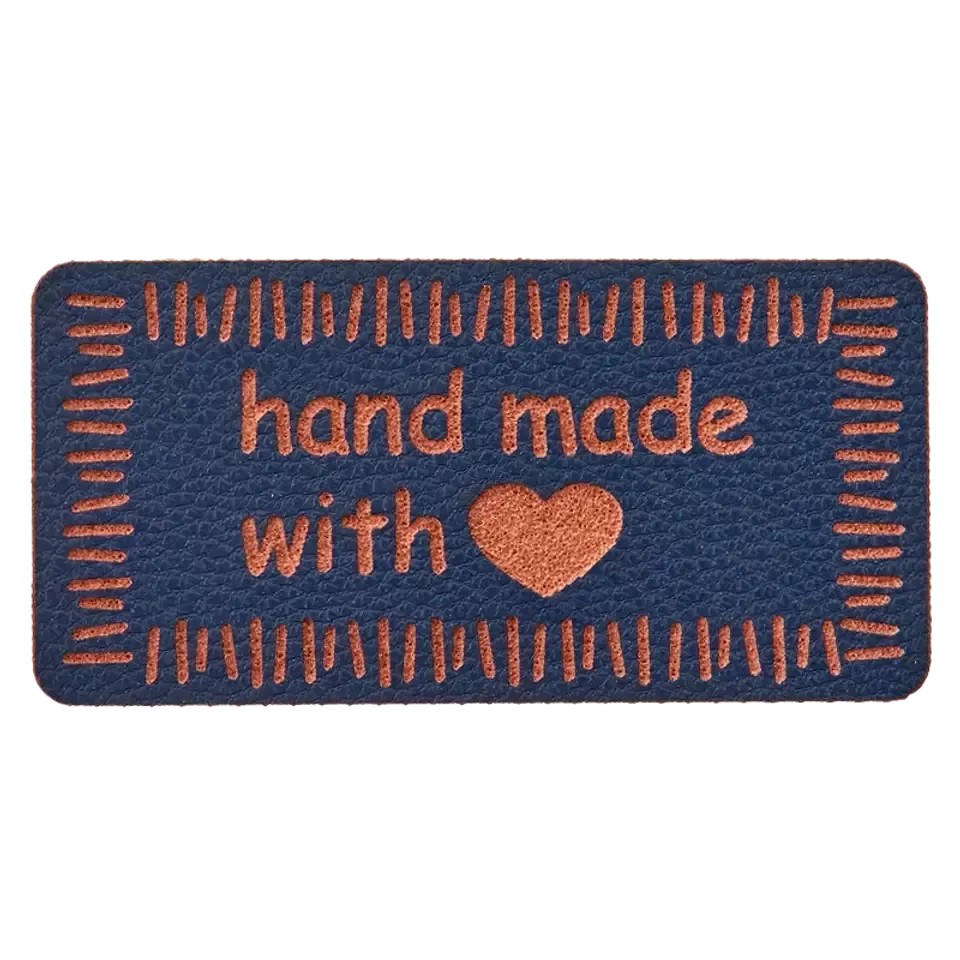 Label 'handmade with love' - blauw imitatieleer 40 x 20 mm