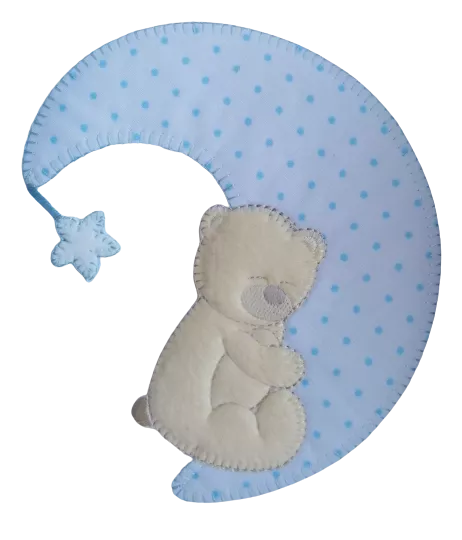 Applicatie - beige beer liggend op een blauw gestipte maan - 12 x 14 cm