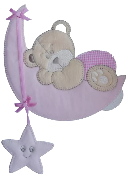 Applicatie - beige beer liggend op een roze maan - 23 x 13 cm