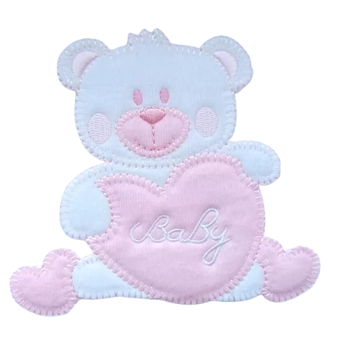 Applicatie - witte beer met roze hart met tekst 'baby' - 12 x 11 cm