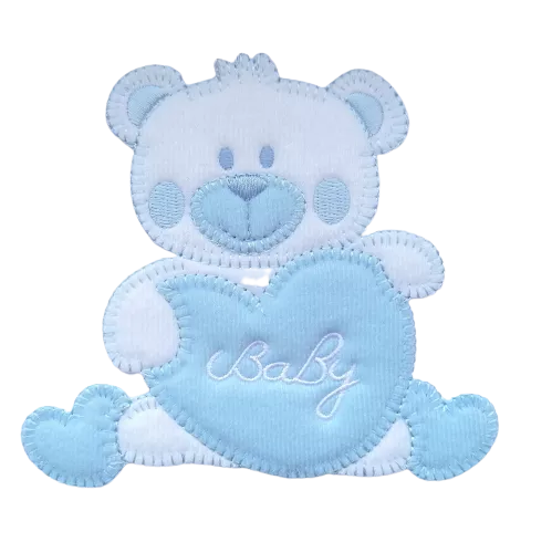 Applicatie - witte beer met blauw hart met tekst 'baby' - 12 x 11 cm