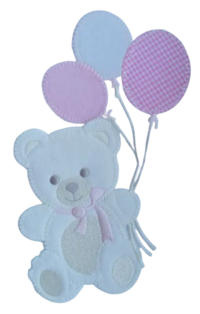 Applicatie - beer met ballonnen in wit en roze - 17 x 12 cm