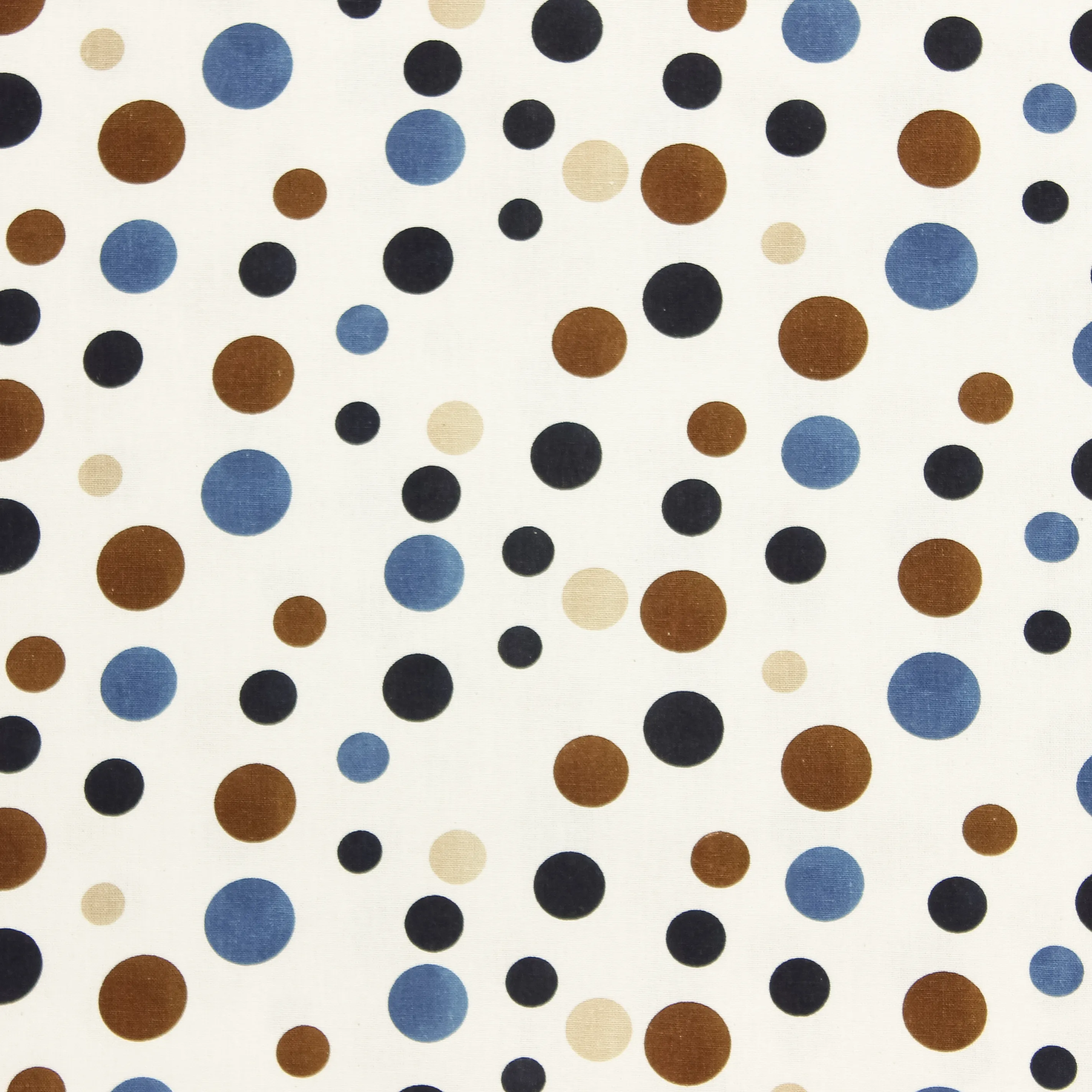Viscose ecru linnen met bollen in zwart, blauw, bruin