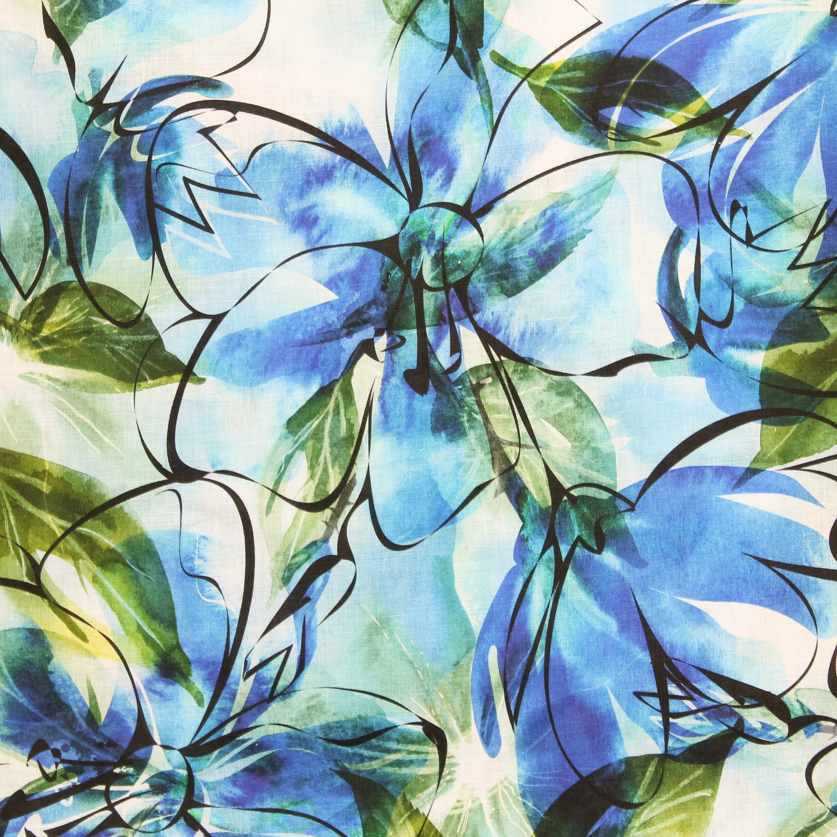 Linnen wit met grote blauwe bloemen