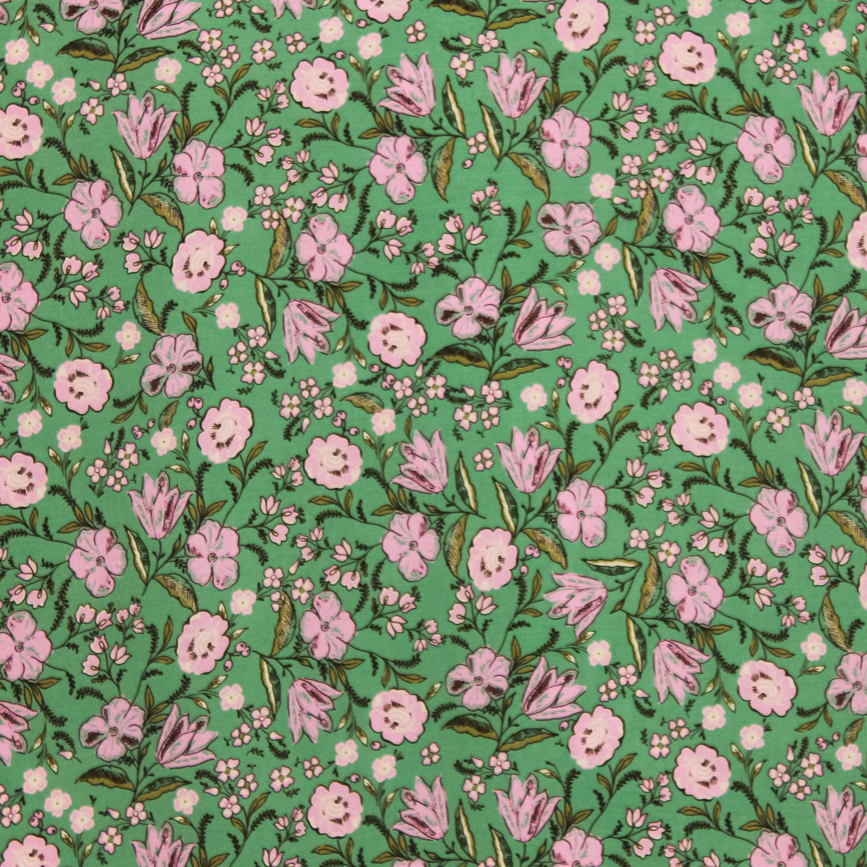 Groene viscose met roze bloemen van Atelier Jupe