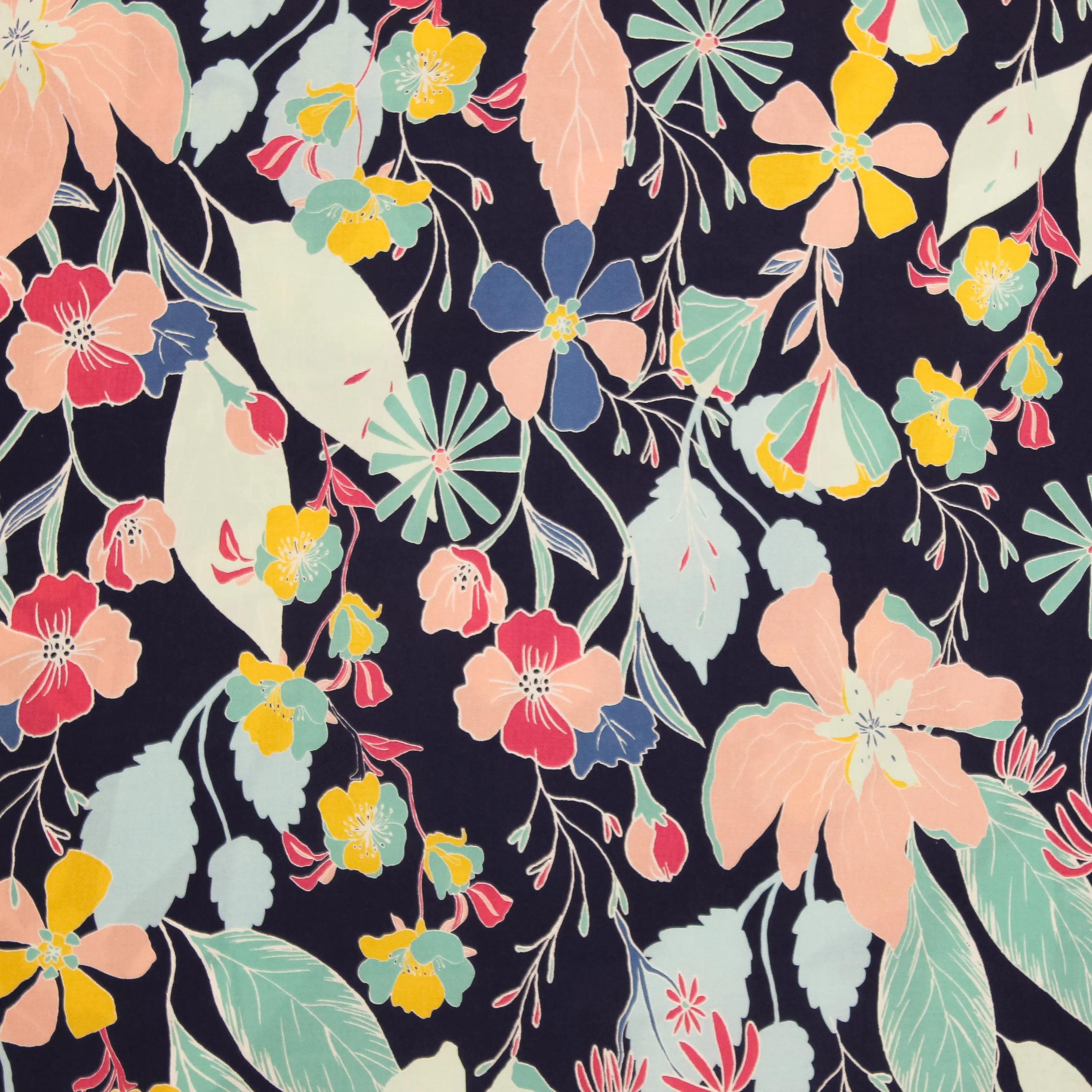 Donkerblauwe viscose met veelkleurige bloemen van Atelier Jupe