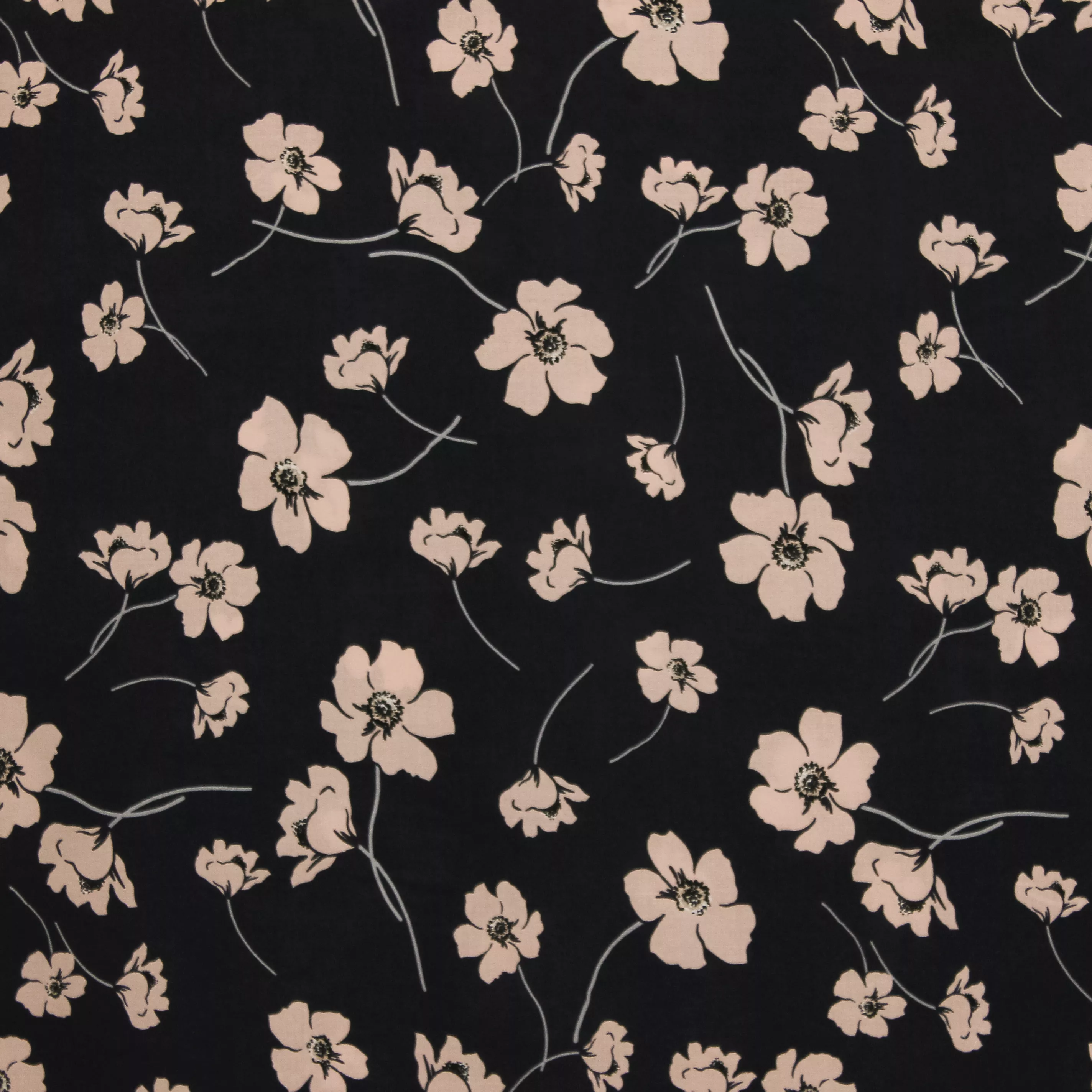 Zwarte viscose met zalmroze bloemen