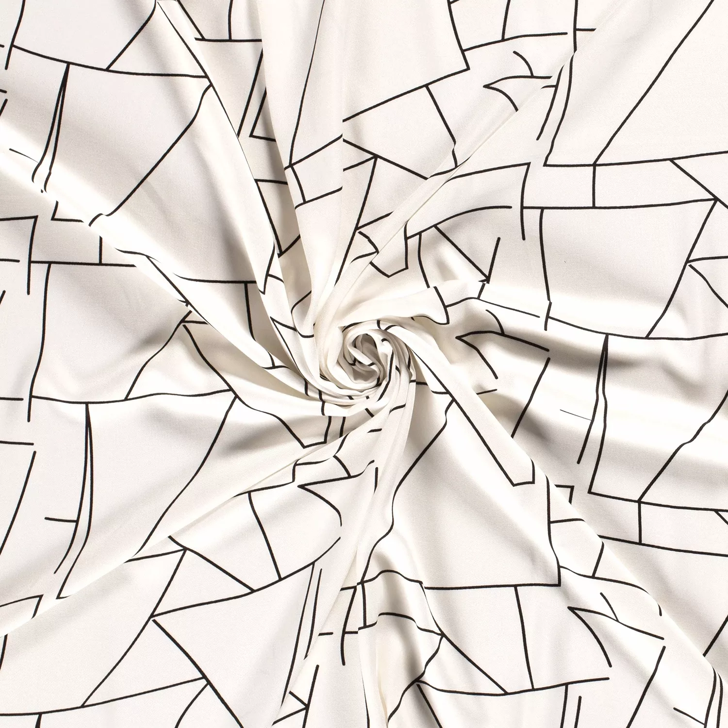 Witte viscose met zwarte abstracte lijnen patroon van Stitched by You - stoffen van leuven