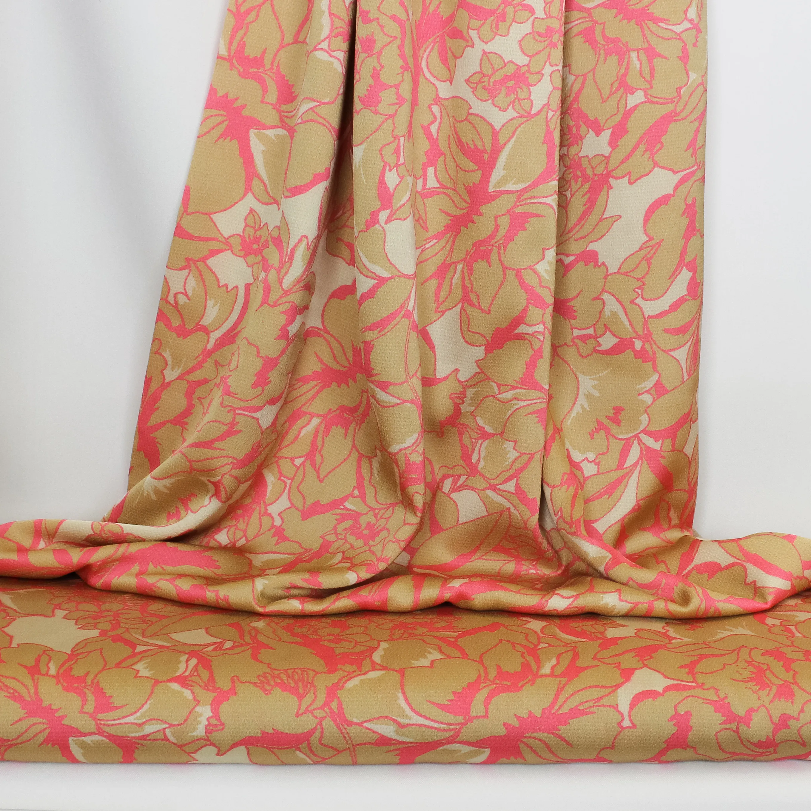 Beige gesatineerde polyester crêpe met neon rozen