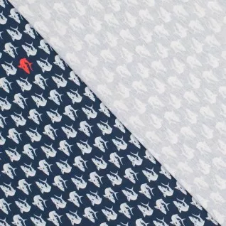 Blauwe tricot met licht blauwe en rode haaien