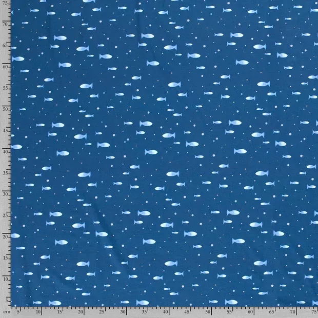 Blauwe tricot met vissen en spikkels