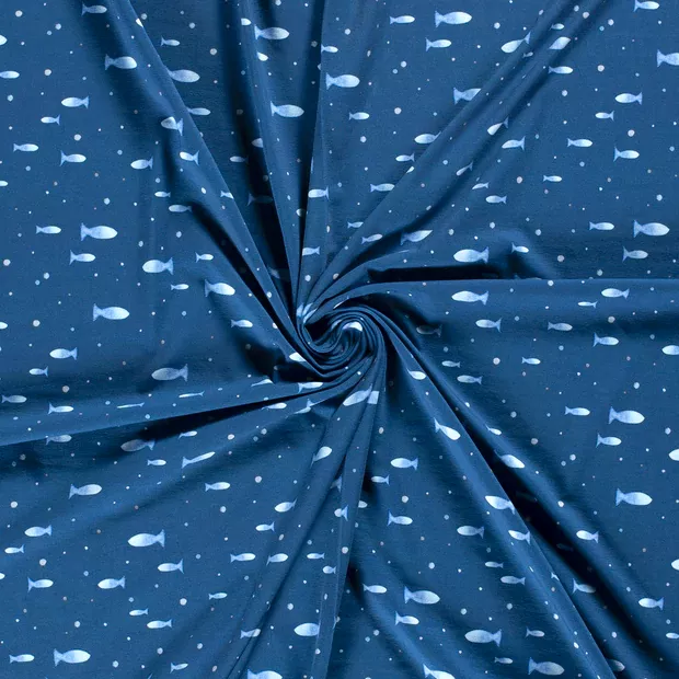 Tricot blauw met vissen en spikkels