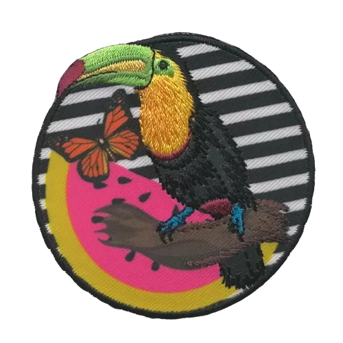 Applicatie - ronde patch met toekan en gestreepte achtergrond - 6 cm