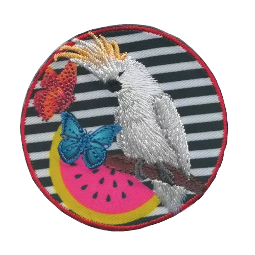 Applicatie - ronde patch met kaketoe (vogel) en gestreepte achtergrond - 6 cm