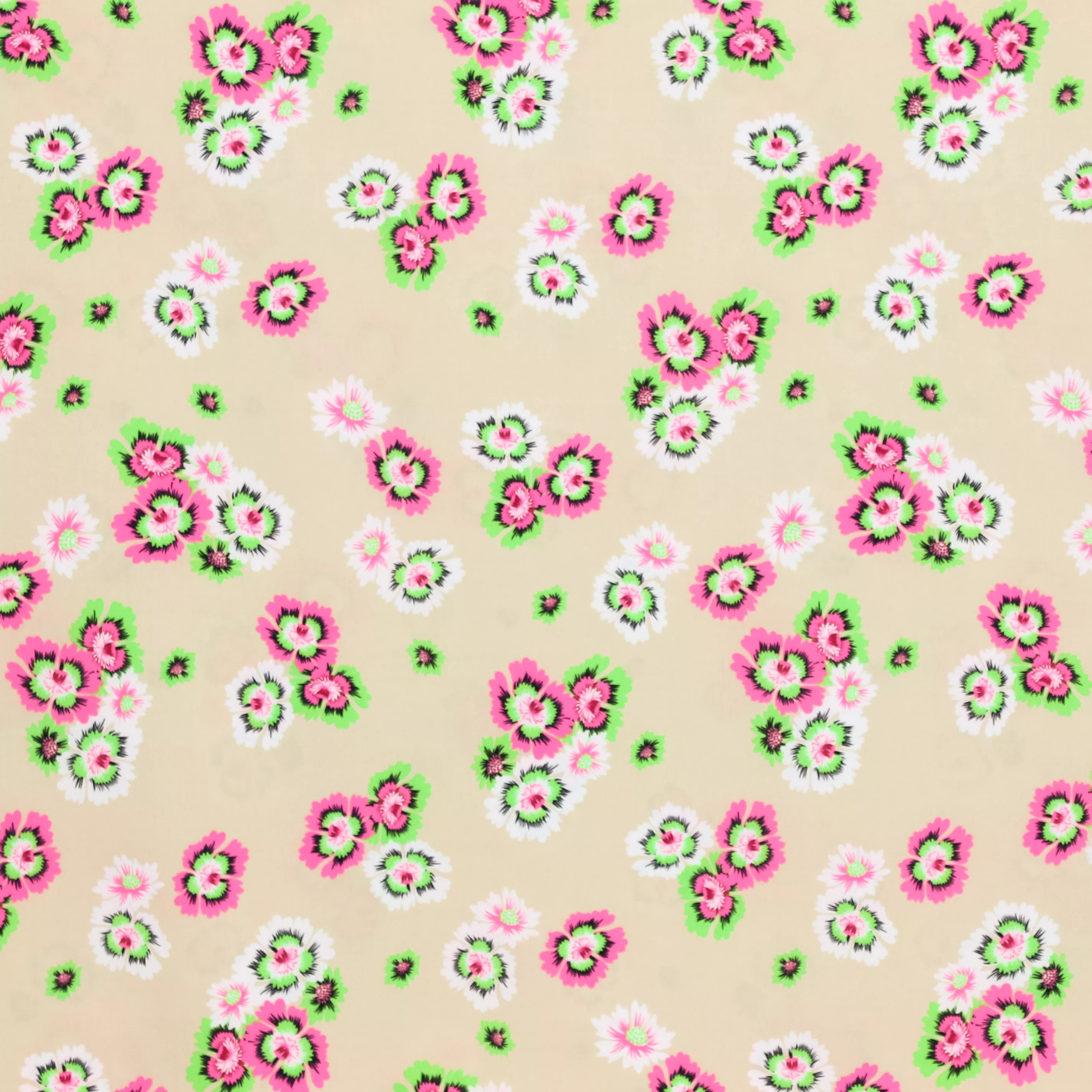 Lichtbruine polyester stretch met felgekleurde bloemen