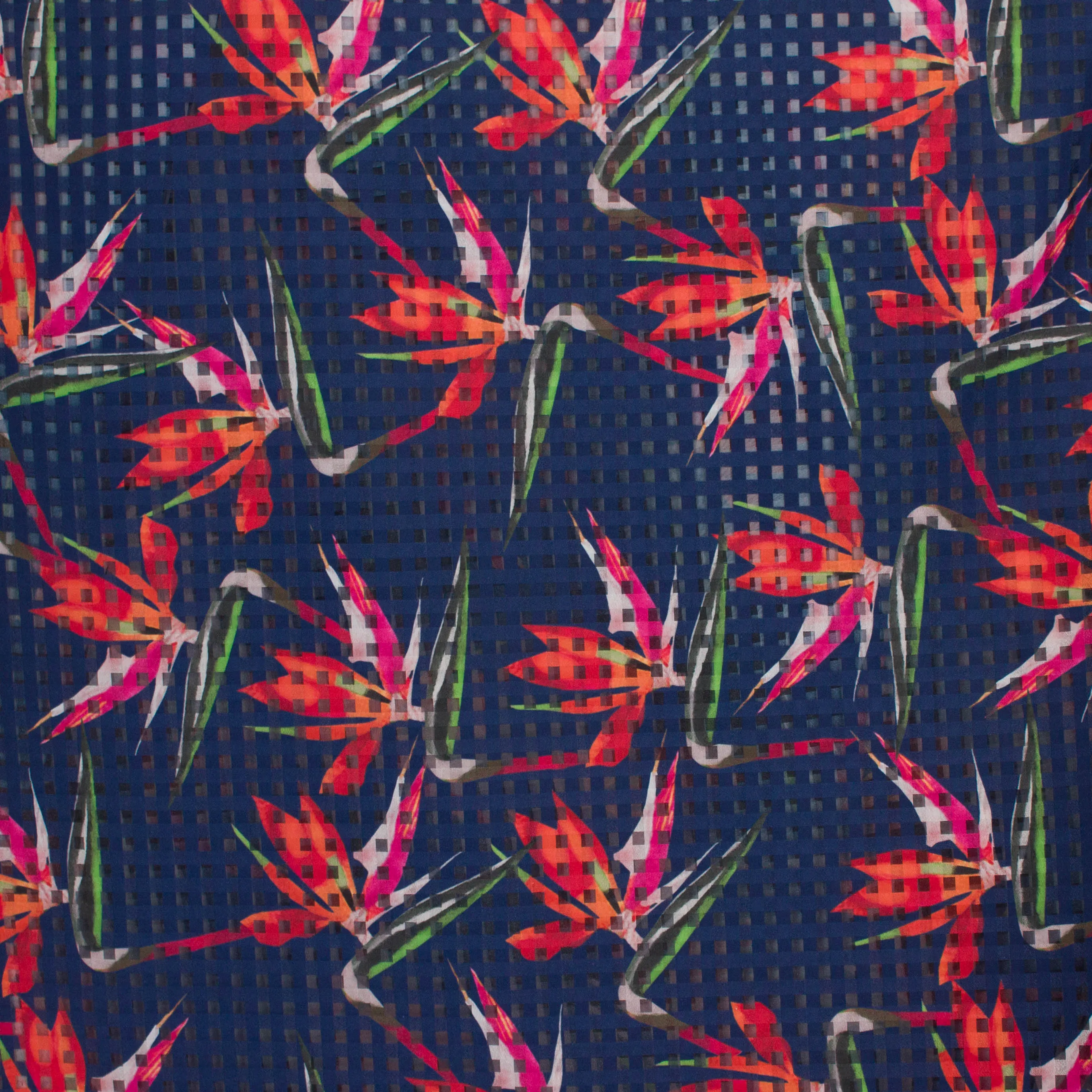 Voile geruit blauw met bloemen - Lorré