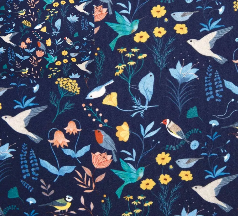 Donkerblauwe eco viscose met vogeltjes - Katia Fabrics