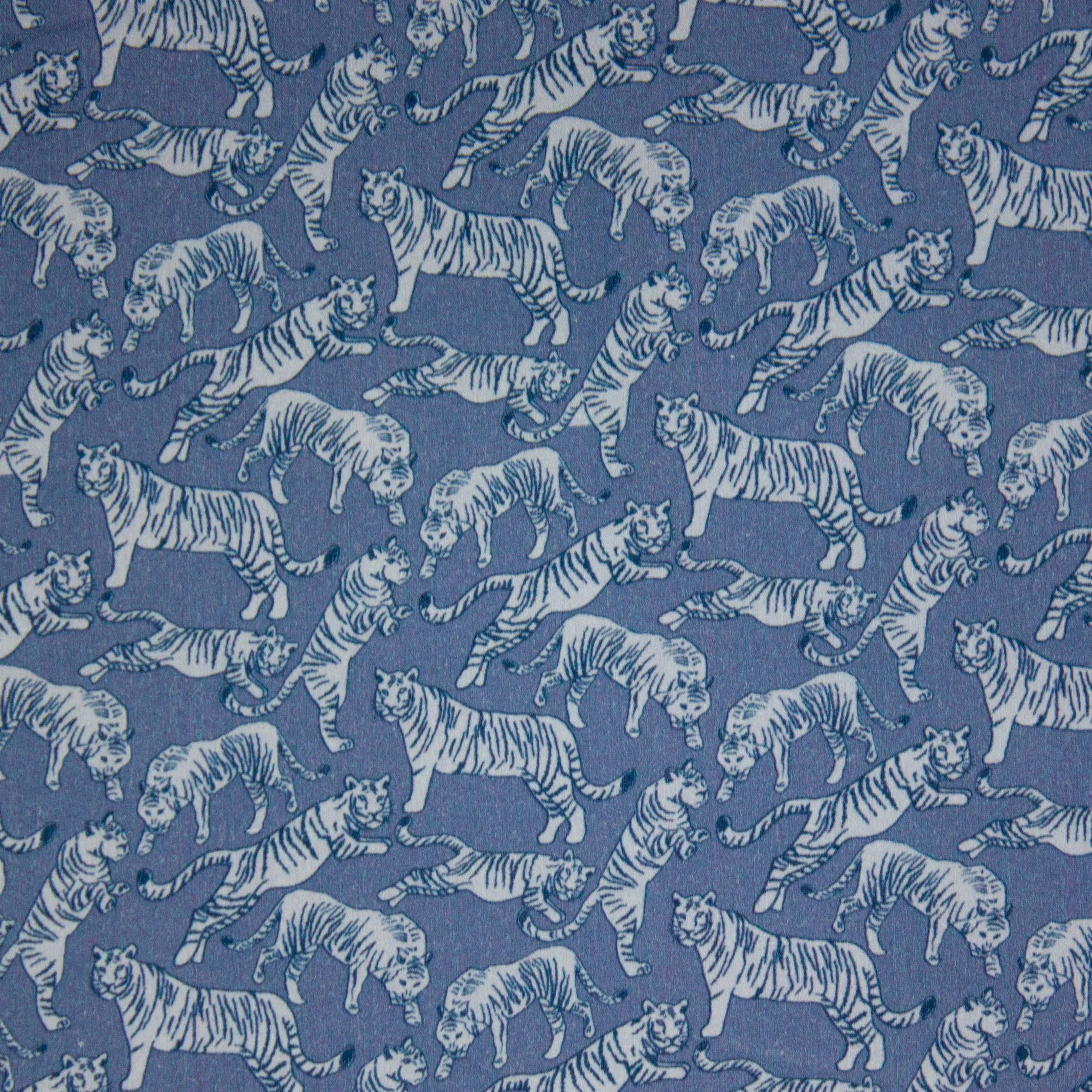 Katoen blauw met witte tijgers