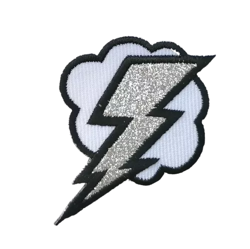 Applicatie - witte wolk met zilveren glitter bliksem - 4,8 x 7 cm