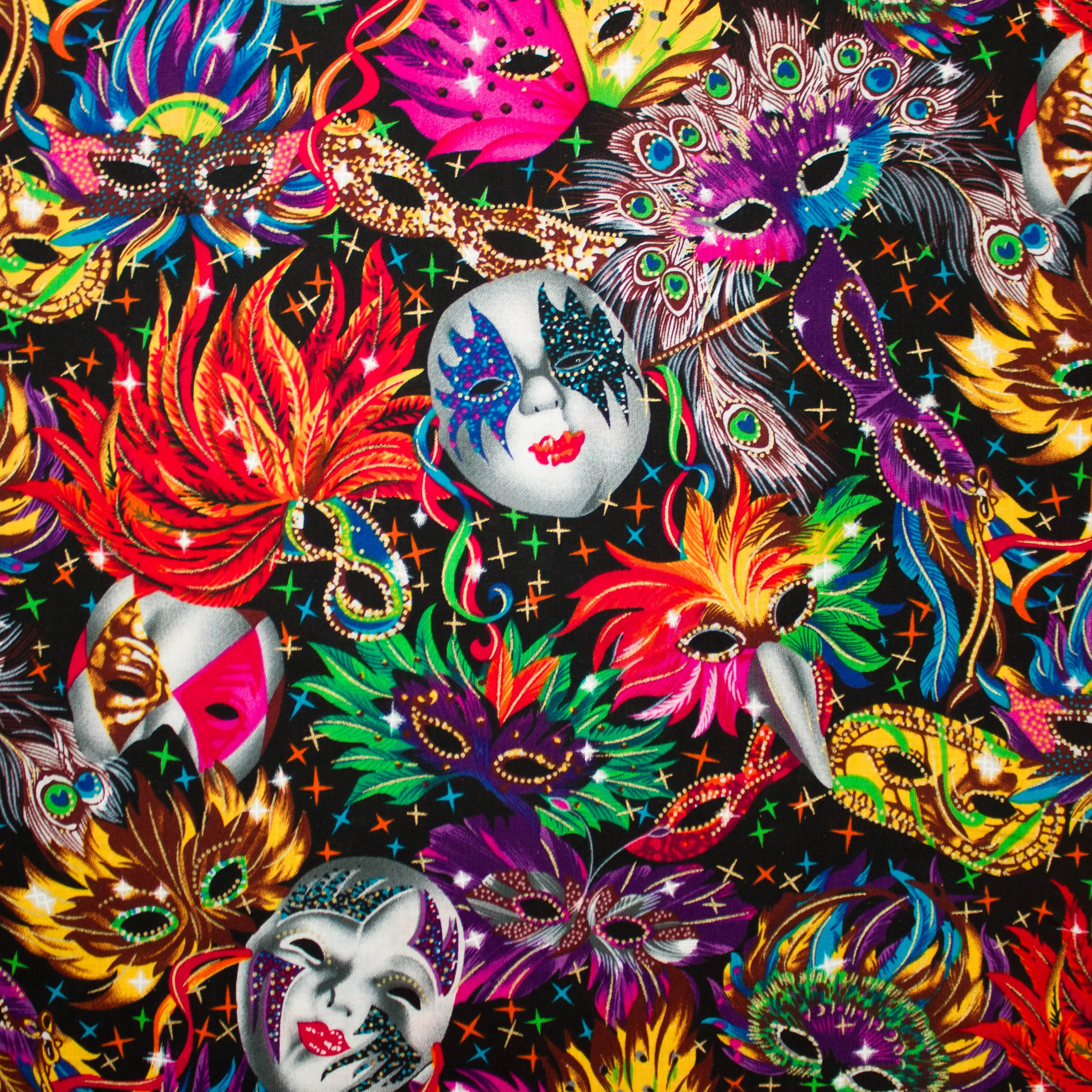 Katoen zwart met kleurrijke carnaval maskers