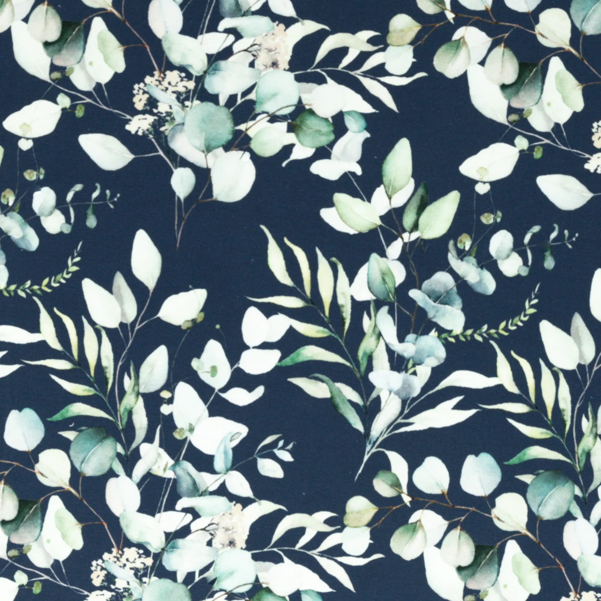 Blauwe french terry met bladeren en bloemen