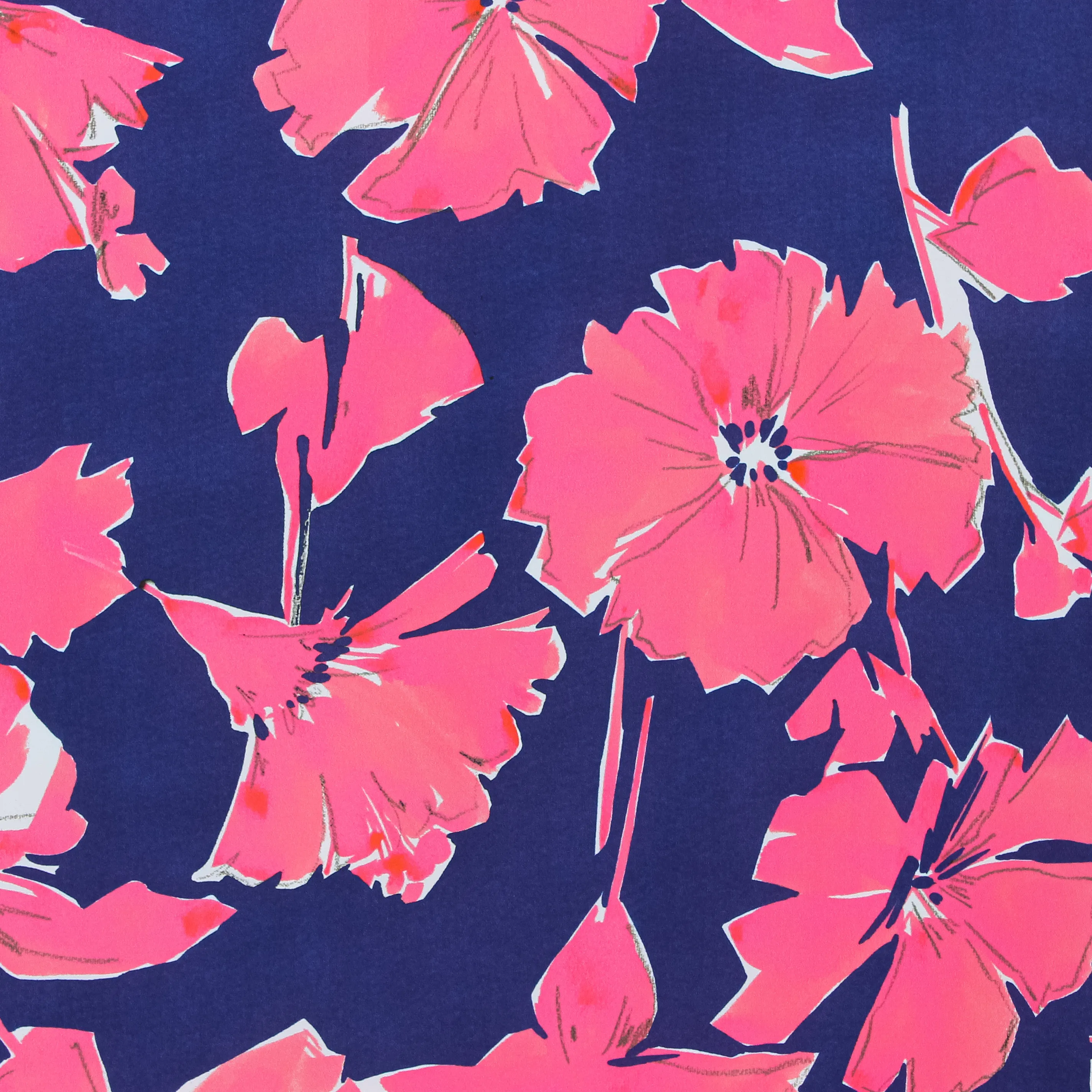 Marine polyester crêpe met fuchsia bloemen
