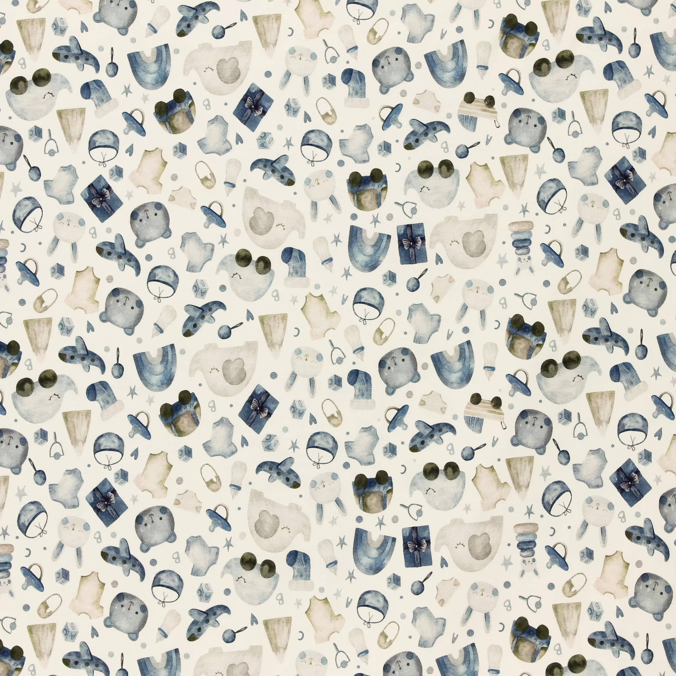 Wit tricot met blauwe babyspullen