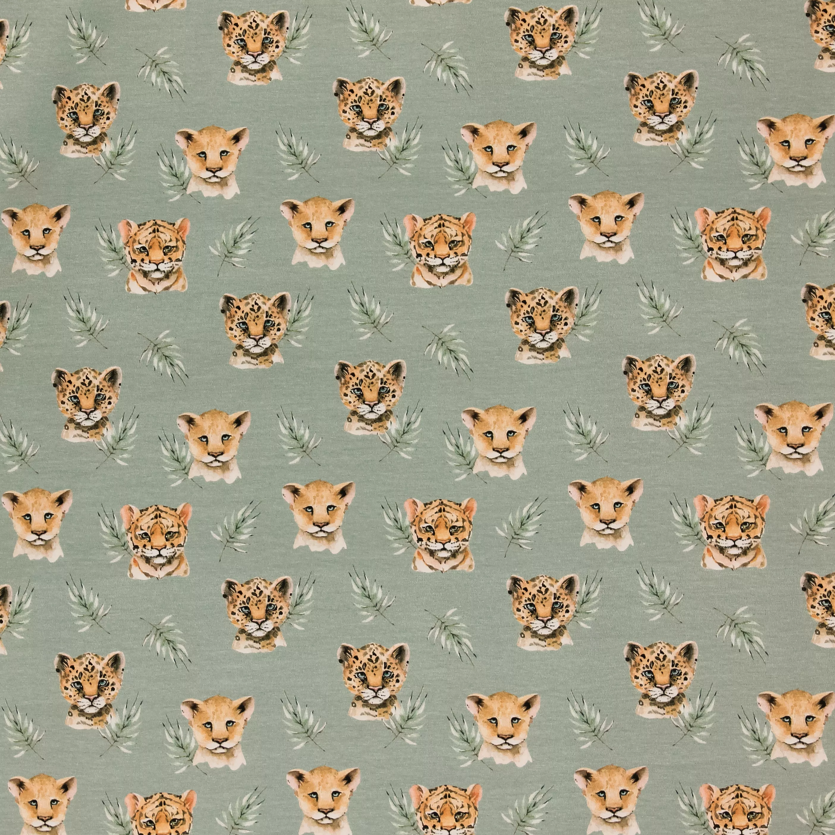 Tricot grijsgroen met luipaarden en leeuwen