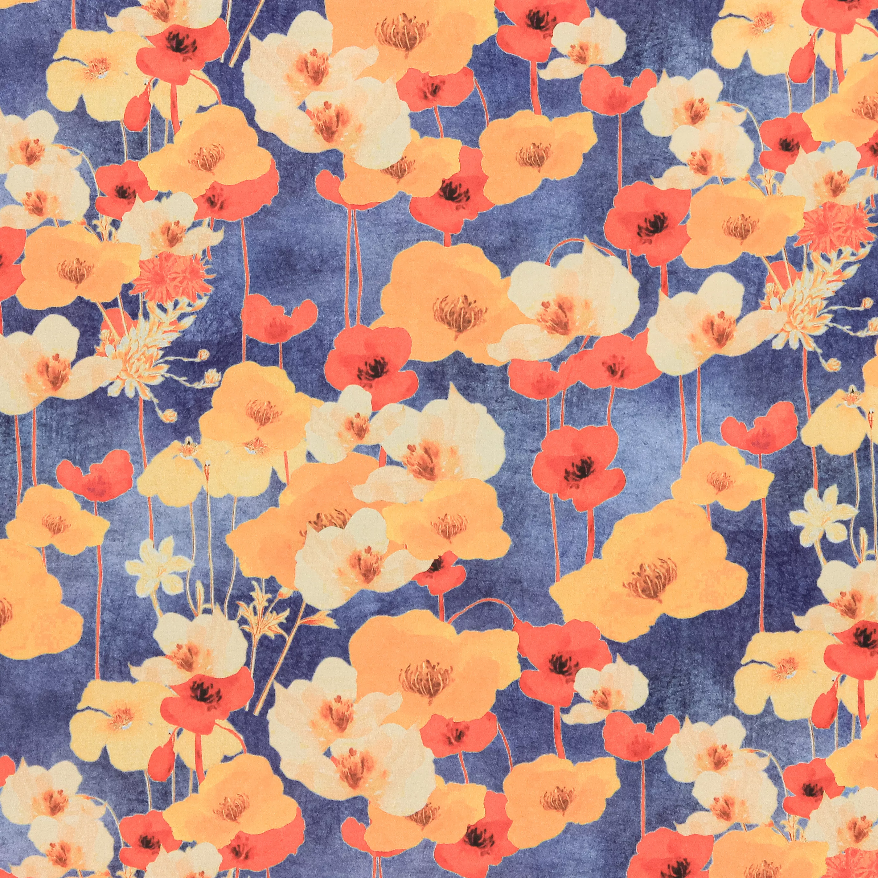 Viscose blauw met oranje bloemen