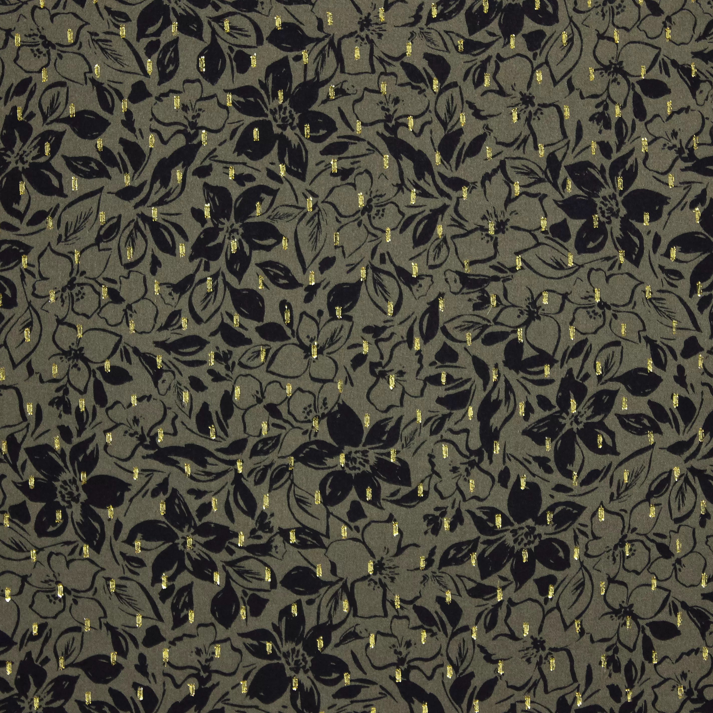 Viscose lurex kaki met zwarte bloemetjes en glinstering - Penelope -