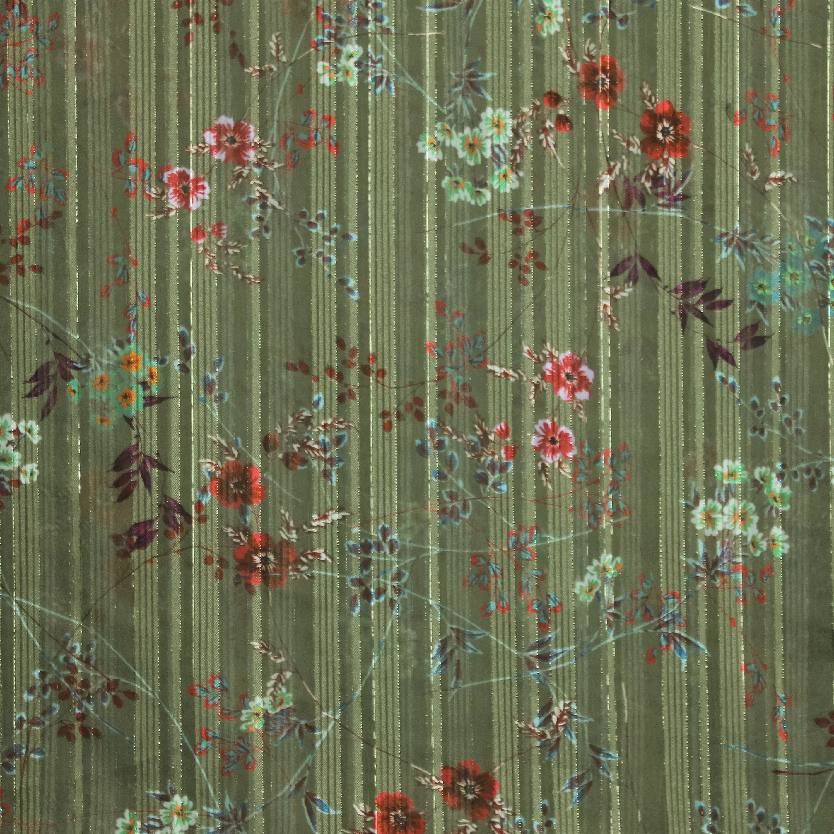 Lichte polyester groen met bloemen - glinsterend