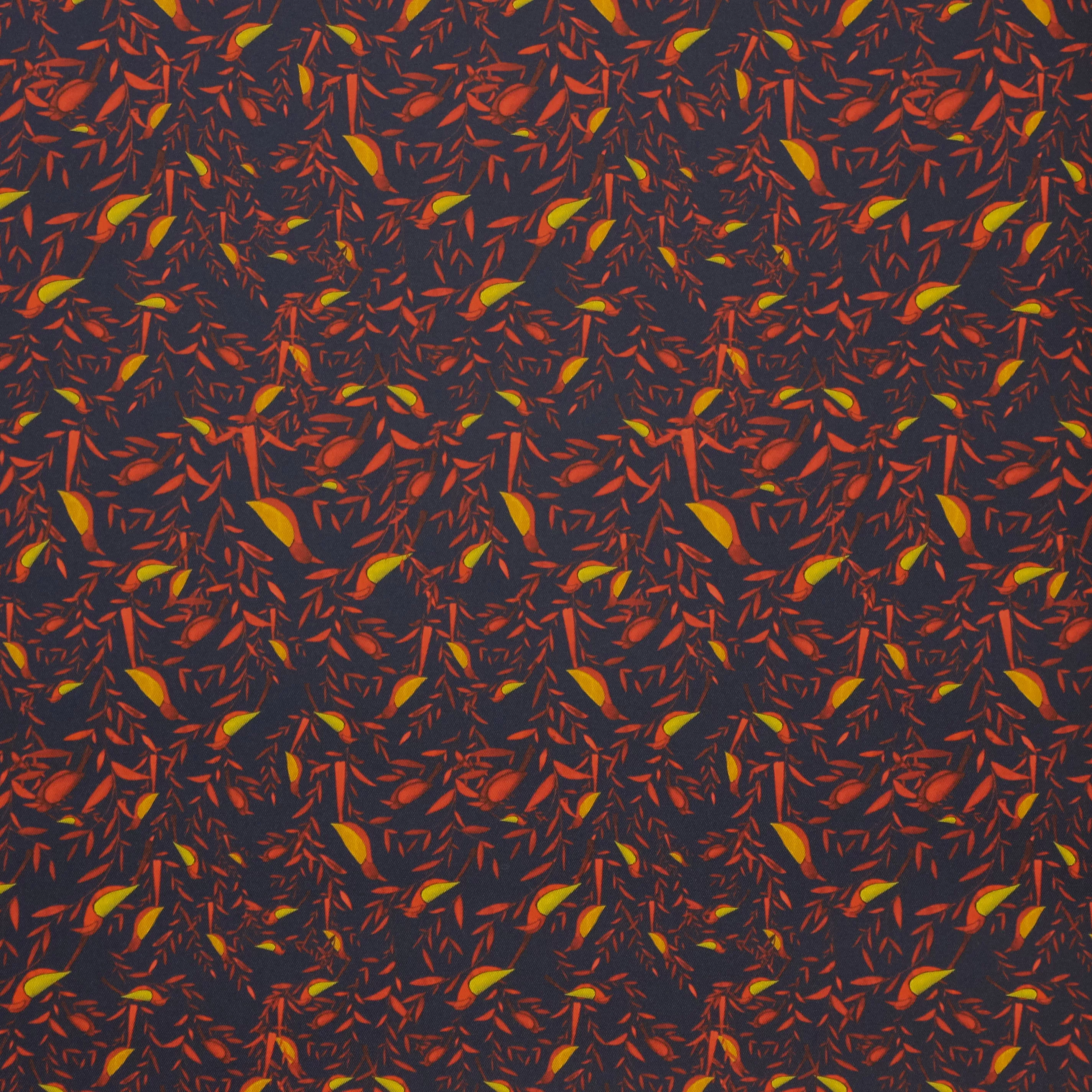 Polyester zwart met blaadjes en vogels