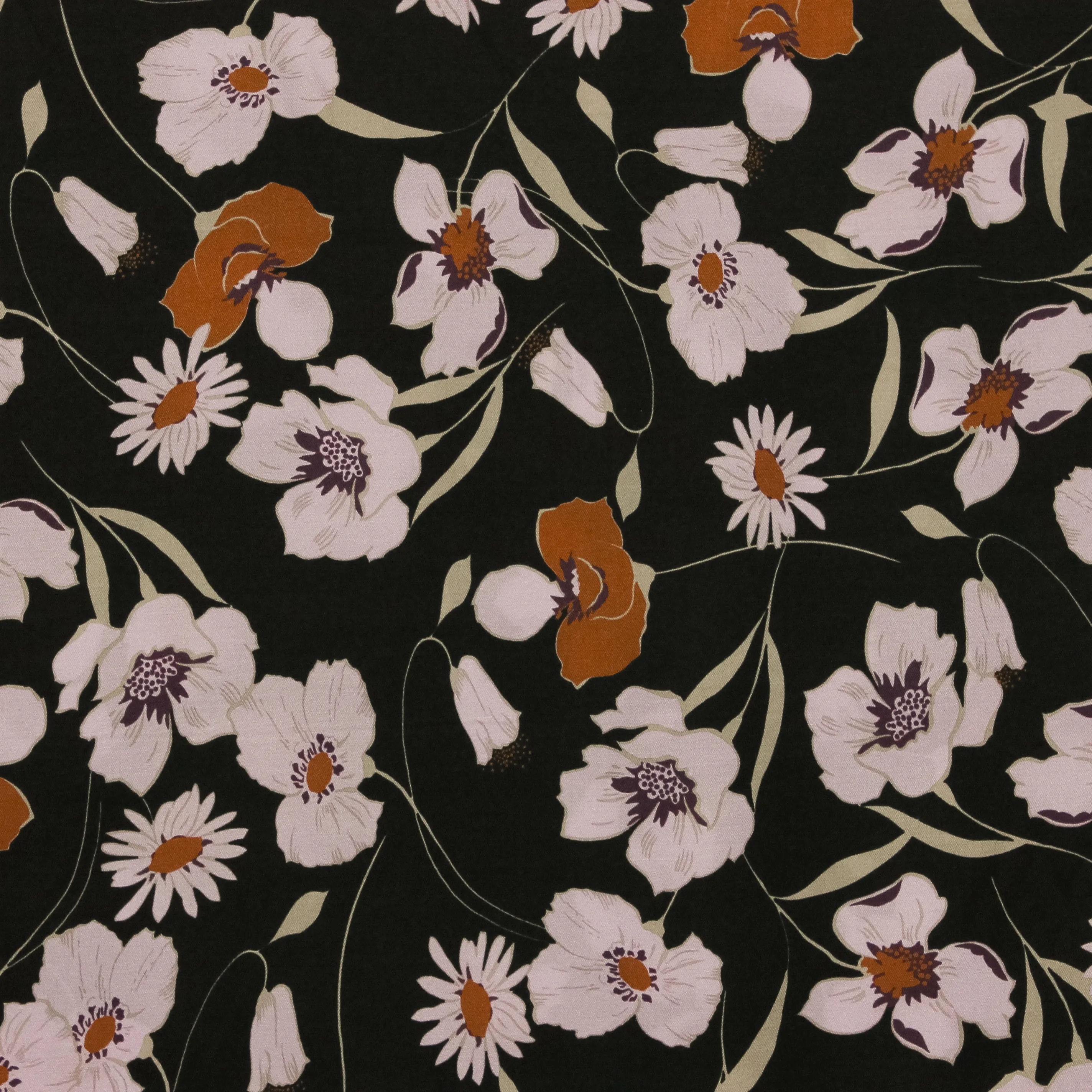 Polyester zwart met lila / bruine bloemen