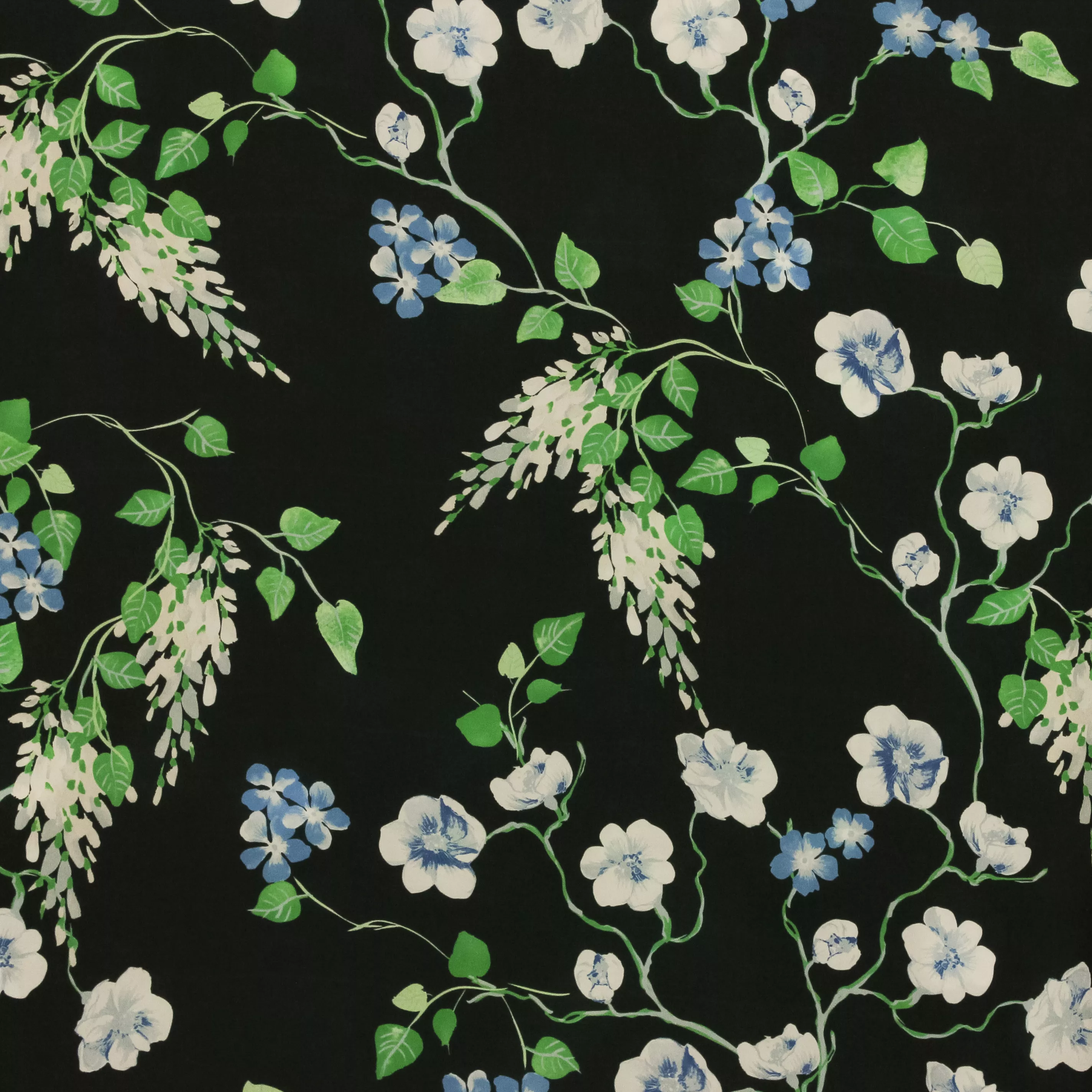 Polyester zwart met blauwe bloemetjes