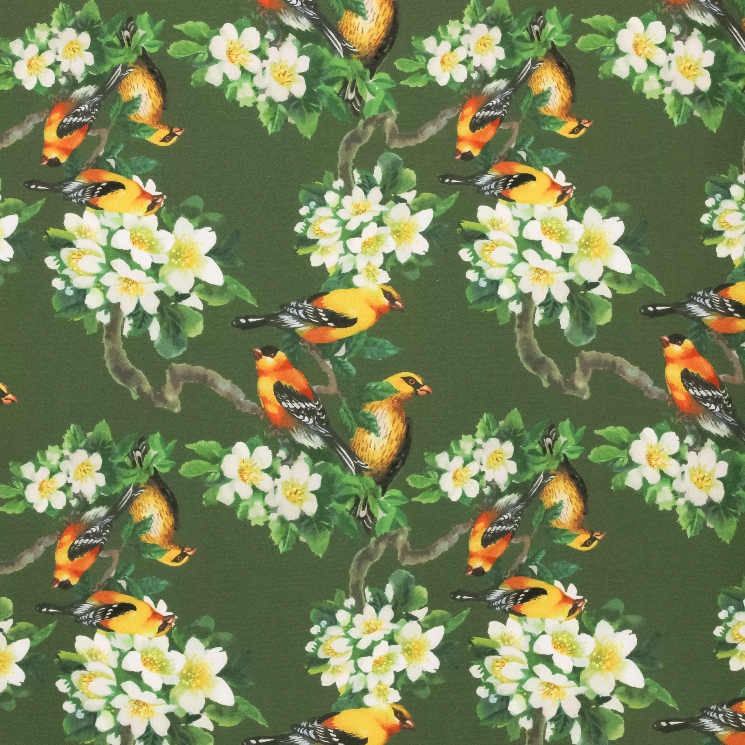 Zware polyester crêpe groen met witte bloemetjes en vogels