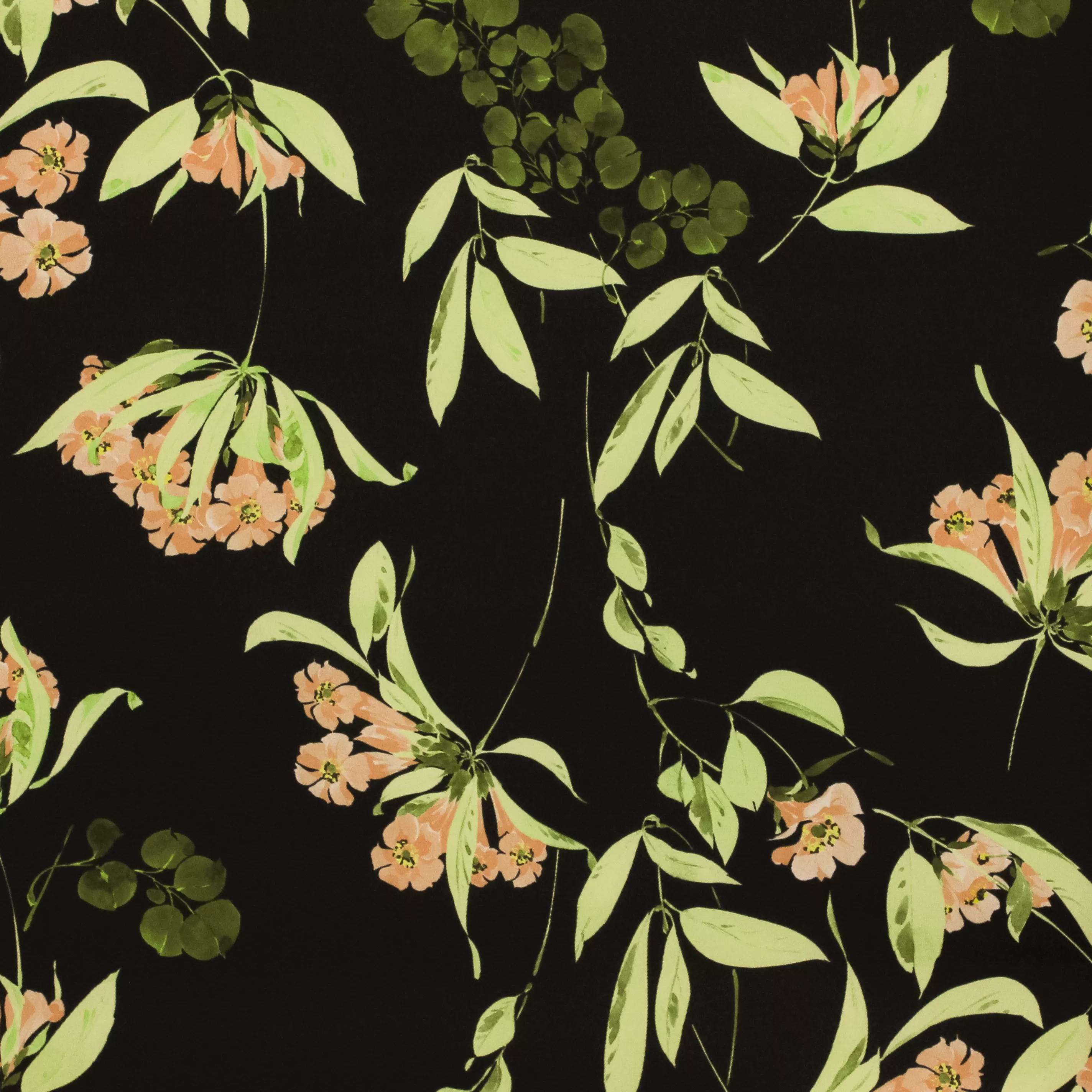 Zware polyester zwart met takjes en zalmroze bloemetjes
