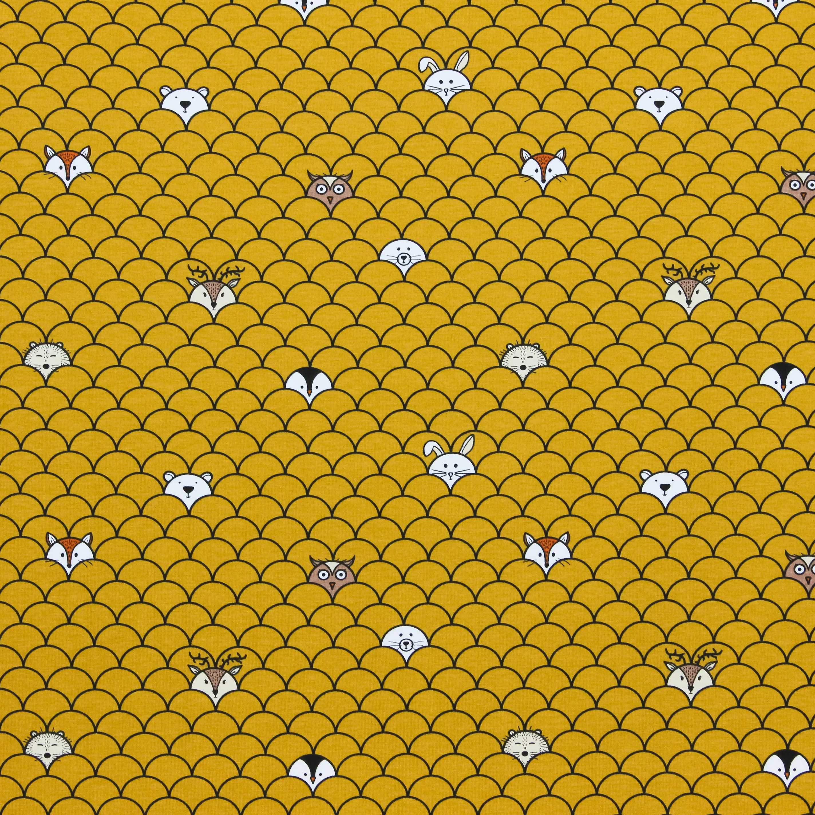 Tricot mosterd met verstopte diertjes - Polly Fabrics