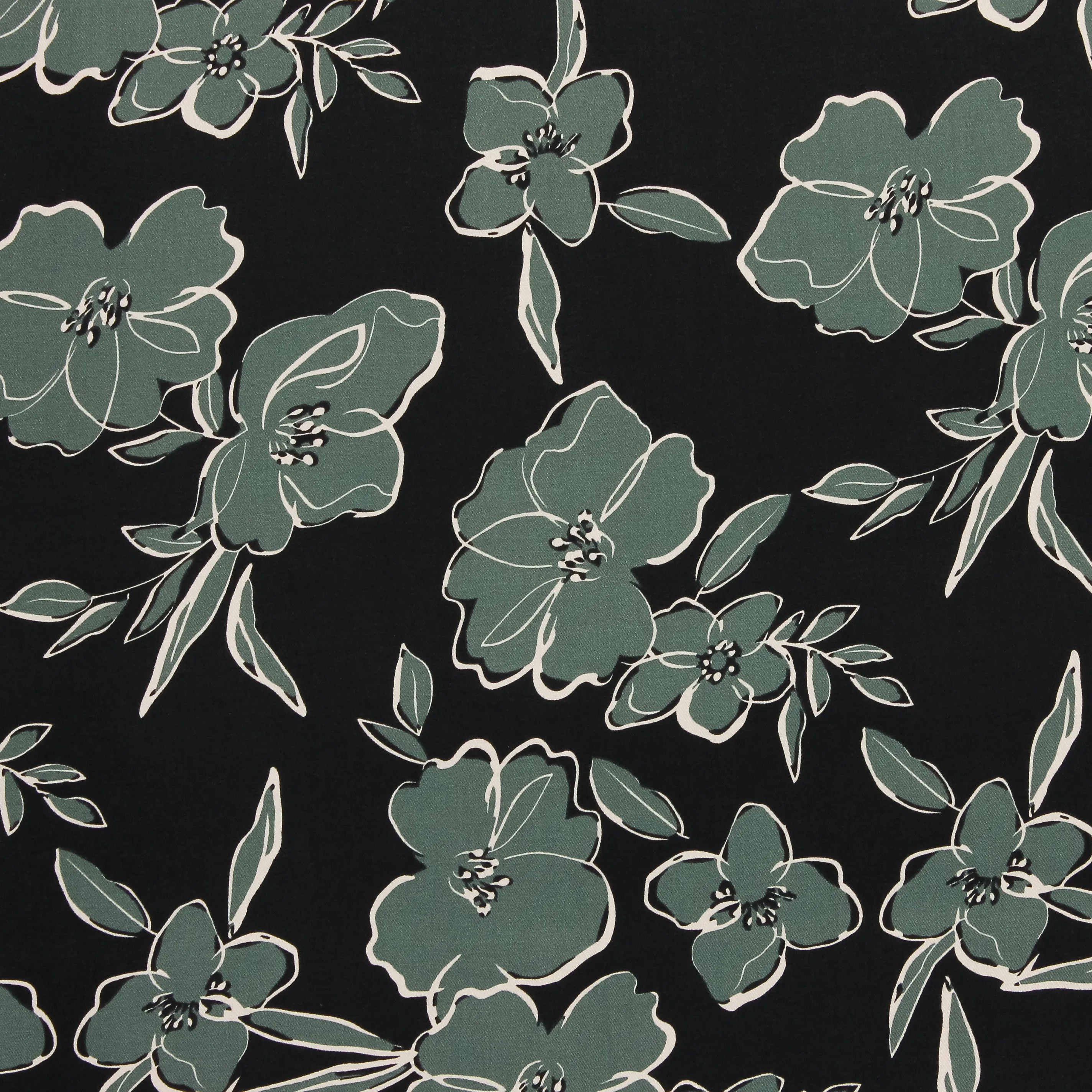 Viscose twill zwart met grijsgroene bloemen