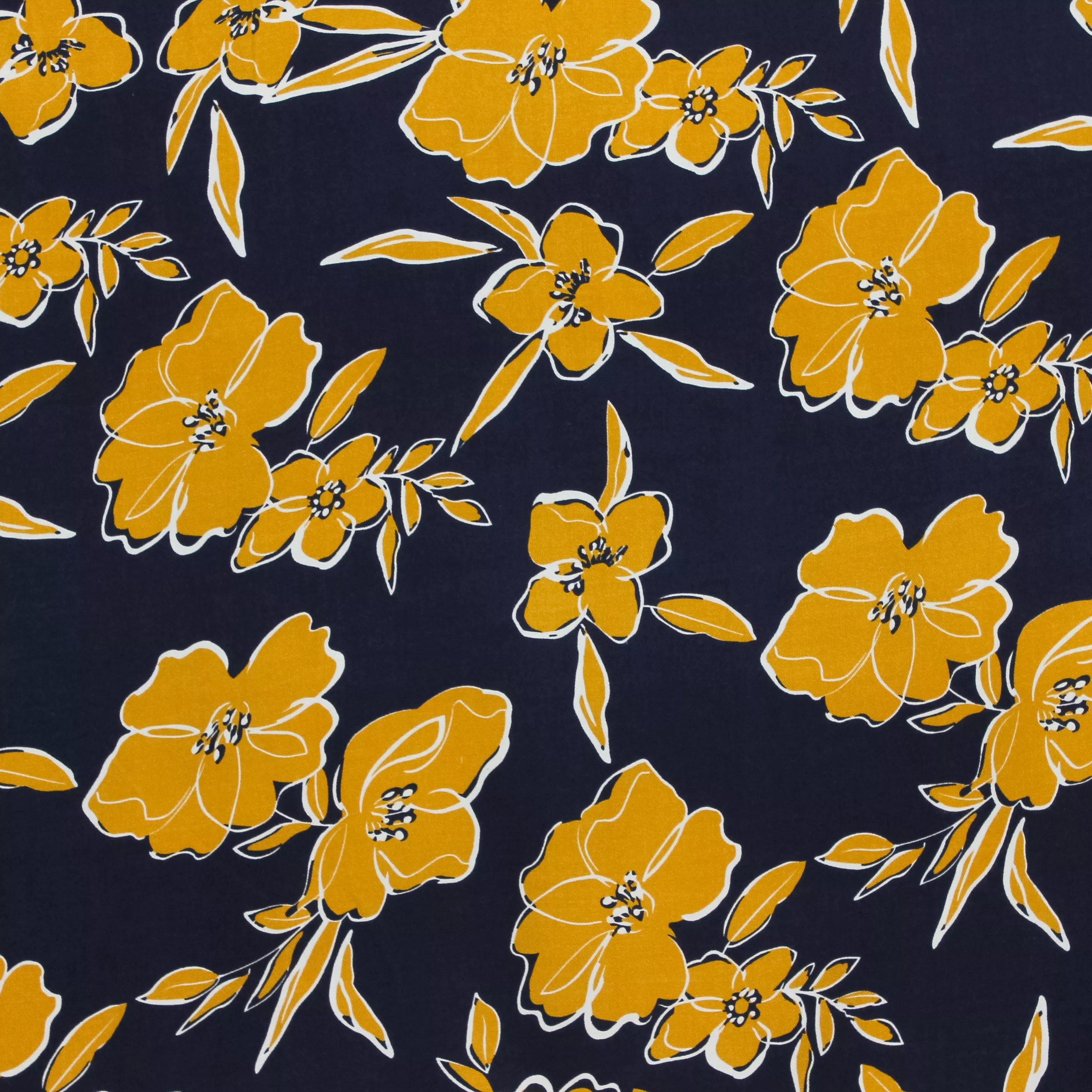 Viscose twill donkerblauw met gele bloemen