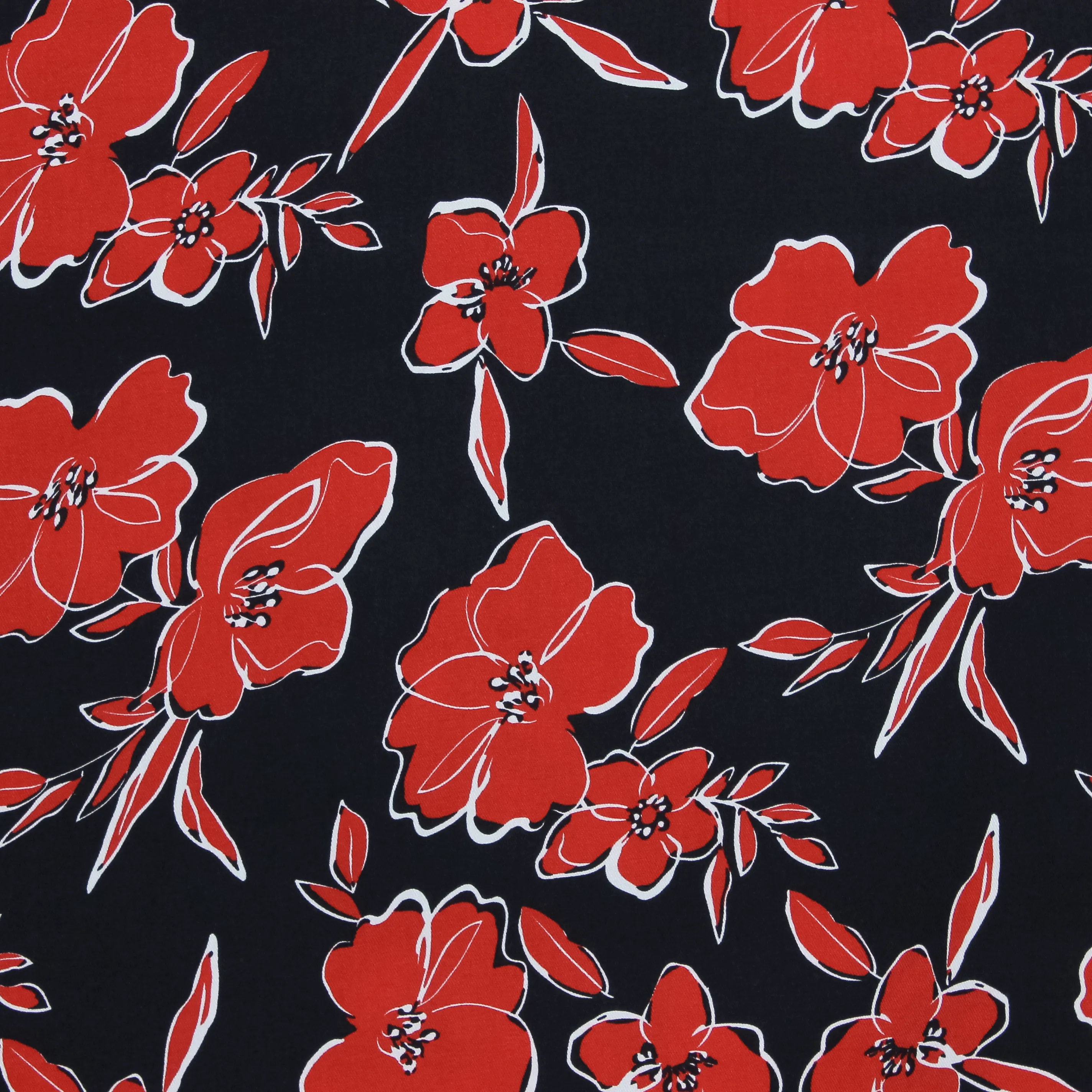 Viscose twill zwart met rode bloemen