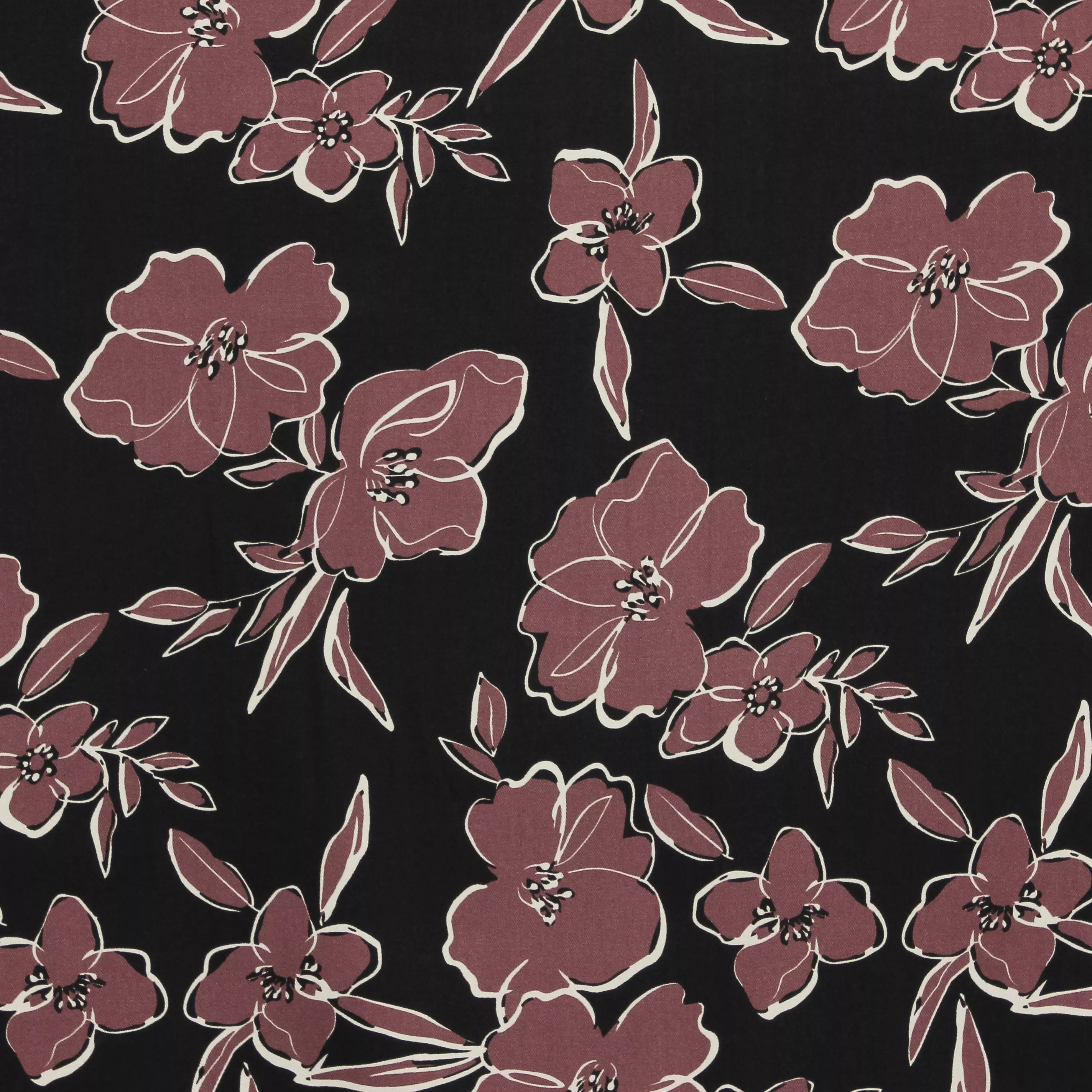 Viscose twill zwart met aubergine bloemen