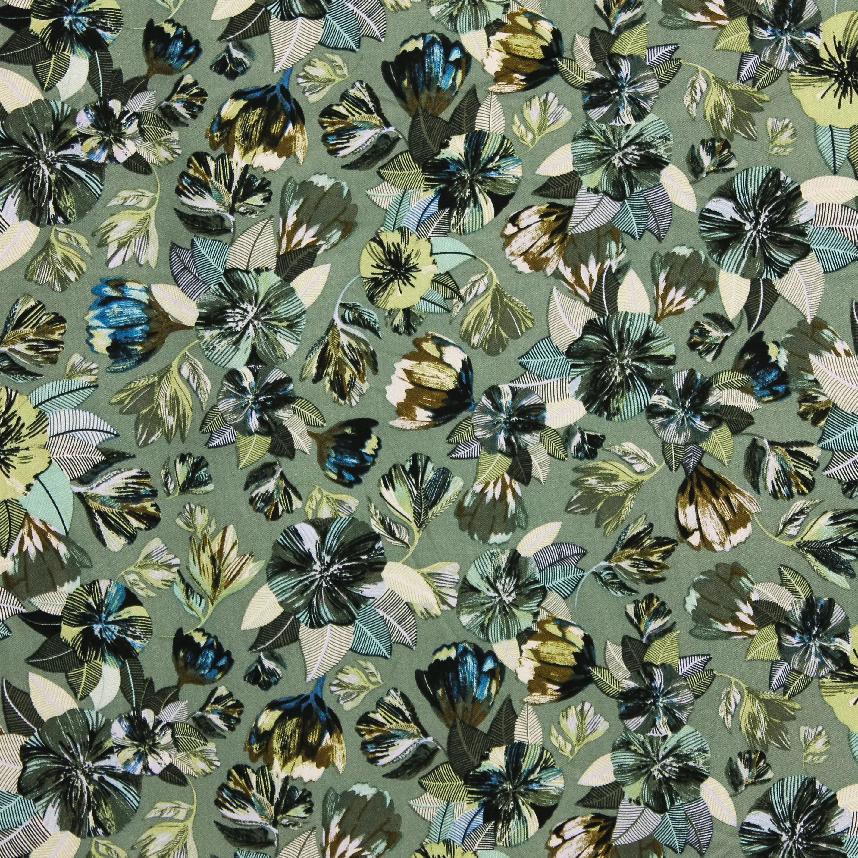 Viscose twill groen met bloemen