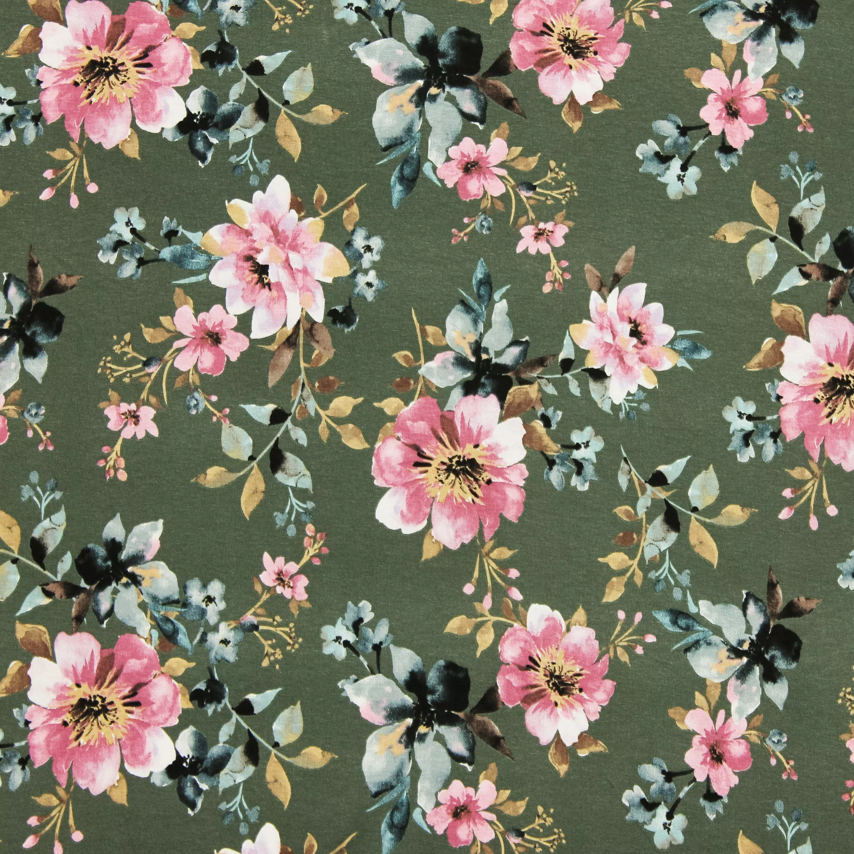 Viscose tricot donkergroen met bloemen