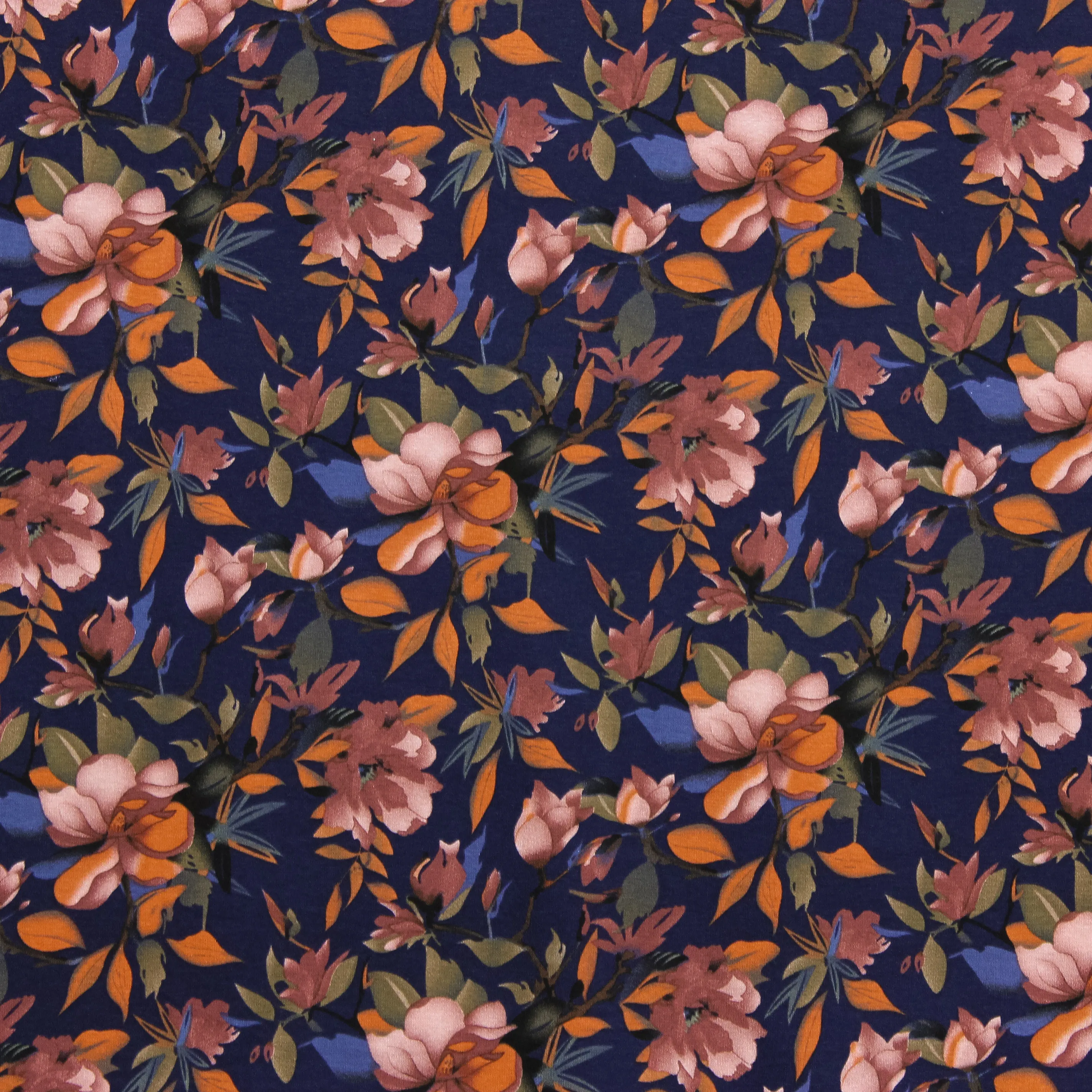 Viscose tricot donkerblauw met bloemen